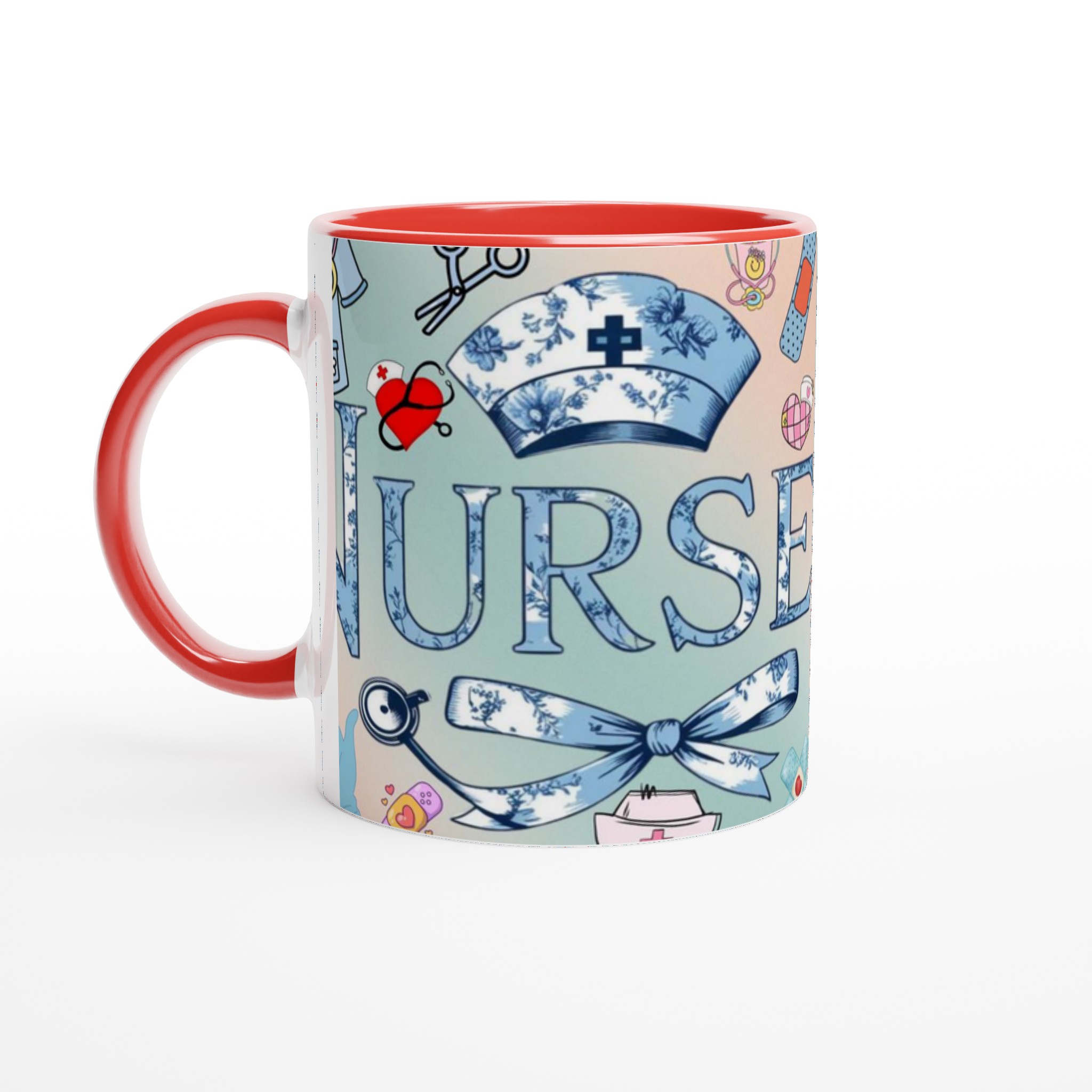 Vit 11oz keramisk mugg med vintage sjuksköterskedetaljer i mjuka blå nyanser 5 563c5cf5-527e-465e-bdcf-13c6cbb86948