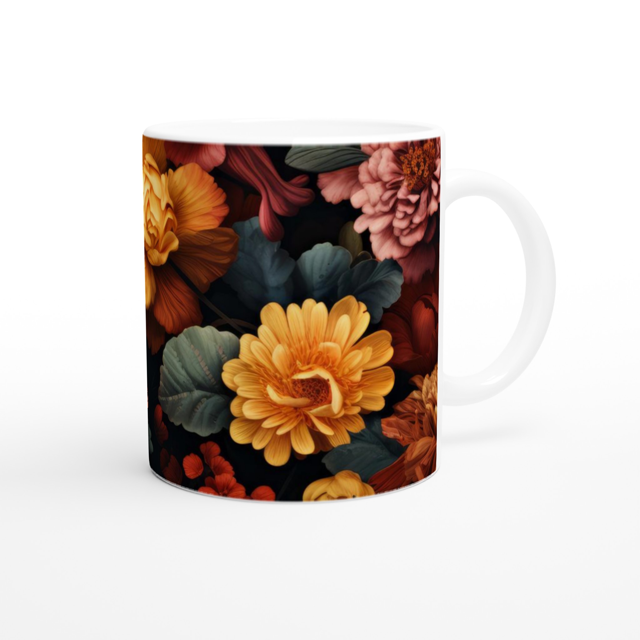 Vit 11oz keramisk mugg med djärva, blomsterinspirerade färger i din valda kulör 9 563e84f9-ef84-4b1f-a723-2aa2bf4d79ec