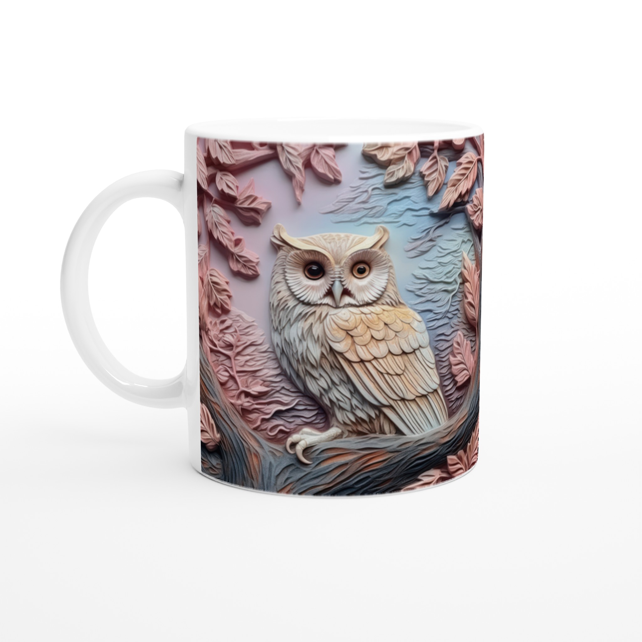 Vit 11oz keramisk mugg med elegant ugglemotiv i dämpade pastelltoner – välj din favoritfärg 1 575131aa-511f-4000-8db2-d0af09fe2097
