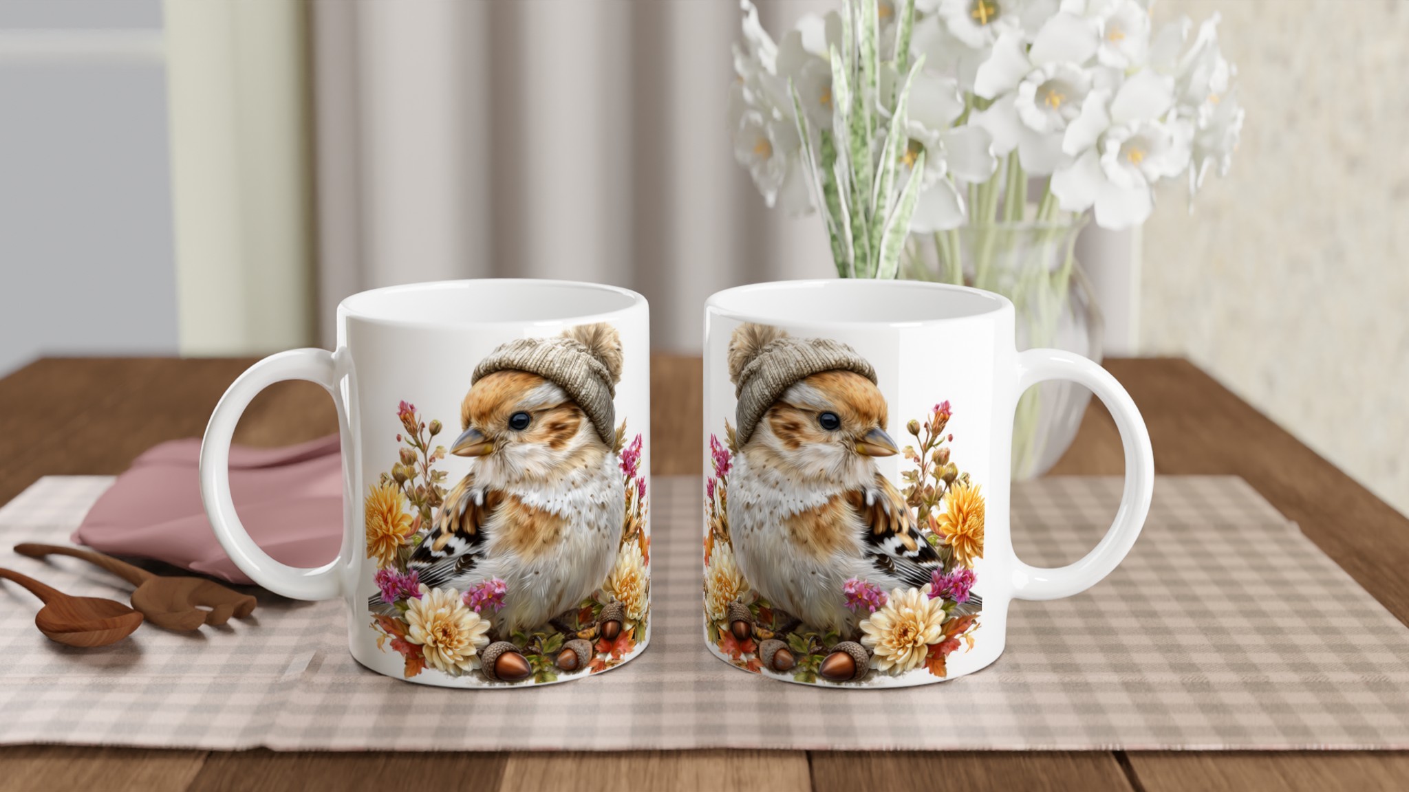Vit 11oz keramisk mugg med charmig vinterfågel och blommor – välj bland sju färgstarka keramiktoner 10 5774da91-bb3c-47fe-963b-83159bfb2aee