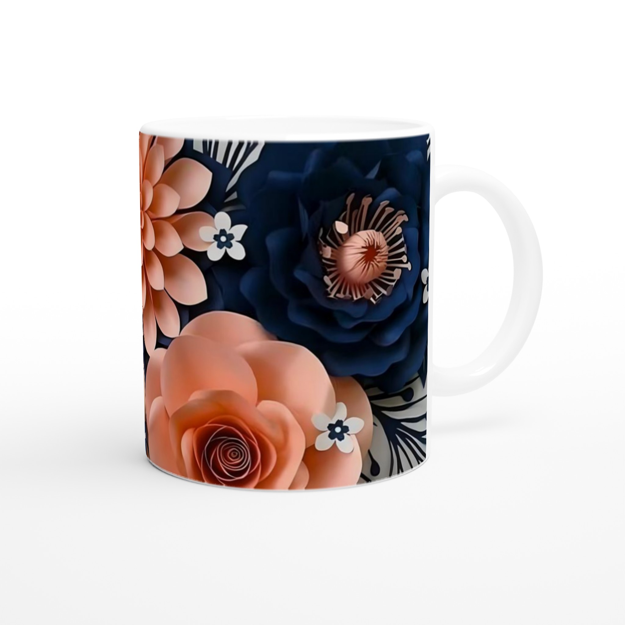 Vit 11oz keramisk mugg med elegant rosa och mörkblå blomdesign – välj din favoritfärg 9 57750dfd-c86b-4301-ba4b-65ebc83dc7ce