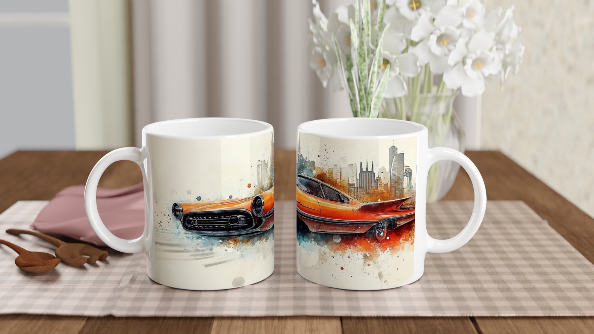Retro Road Trip: Vibrant Watercolor Classic Car Mugg - 11oz Keramisk Kaffemugg i ditt val av 7 färger 10 57e318df-9a9a-4171-a77c-7c342630dae4
