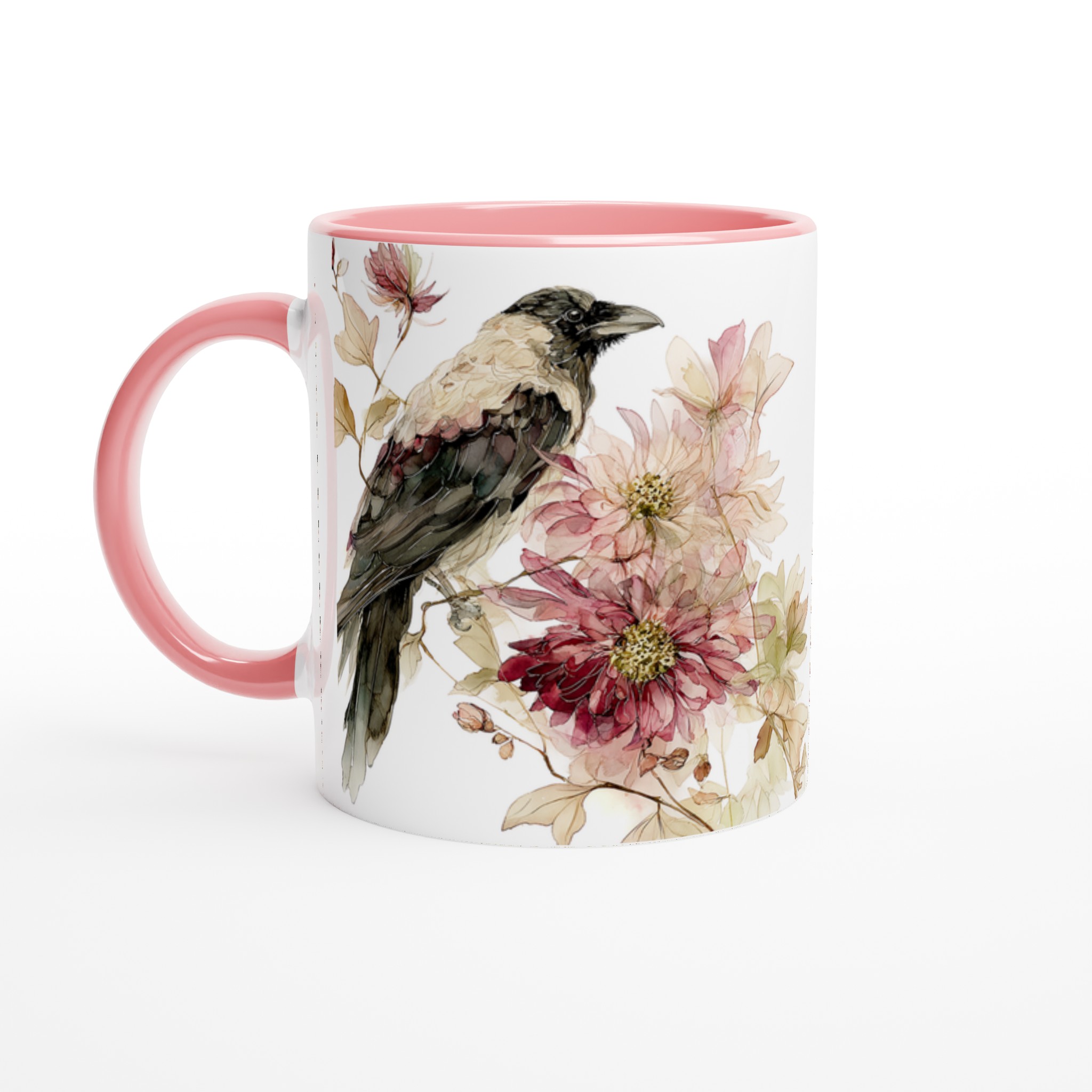 Elegant Vit keramisk mugg med poetisk fågel- och blomdesign i mjuka pasteller 6 57f864ea-26c8-46a5-acbd-85f478dfe805