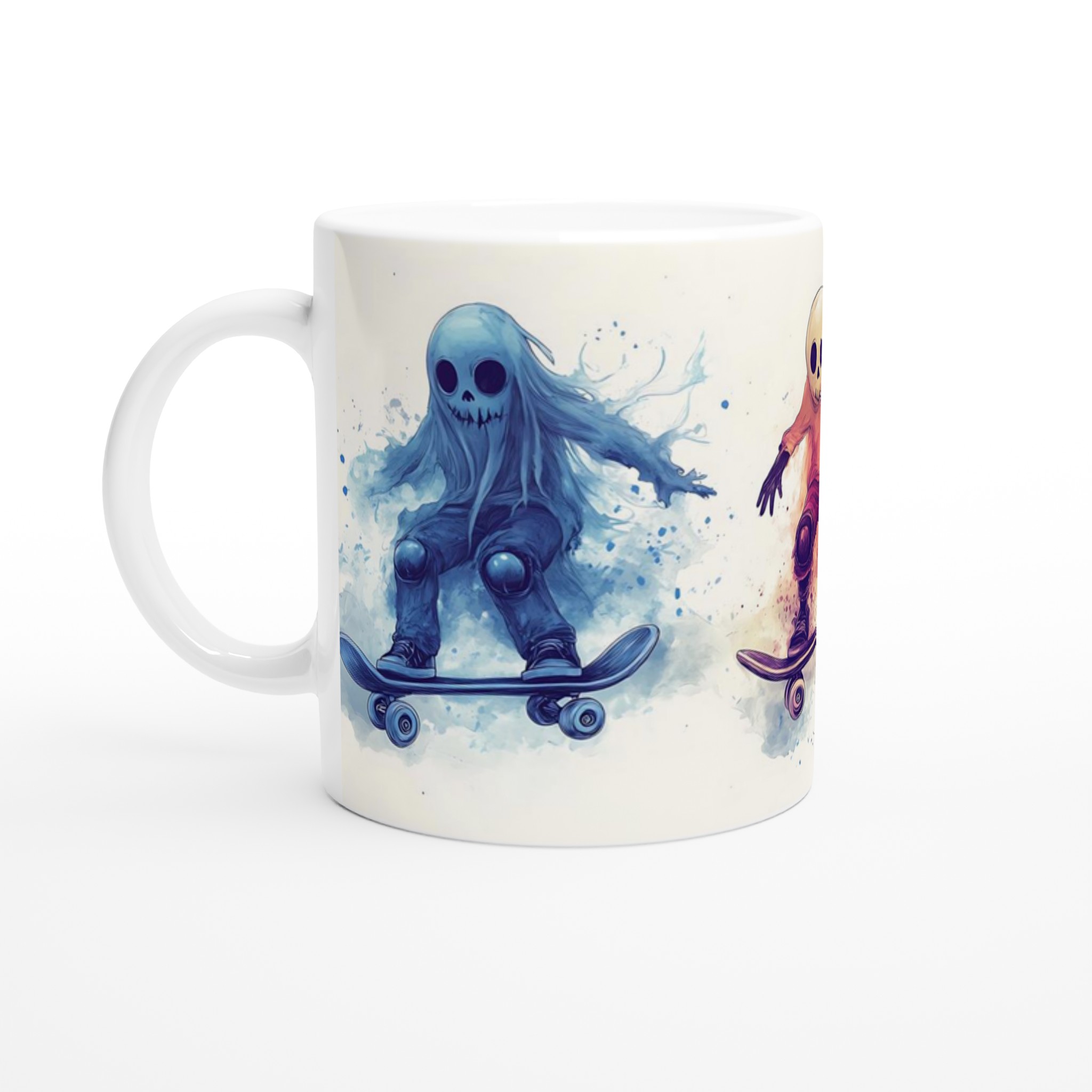 Skate Ghost Watercolor Mug - Spooky Skater Design in Vibrant Hues, 11oz Keramisk Mugg 1 58a11aed-a6b1-42b8-a77a-69bbb3efd77a