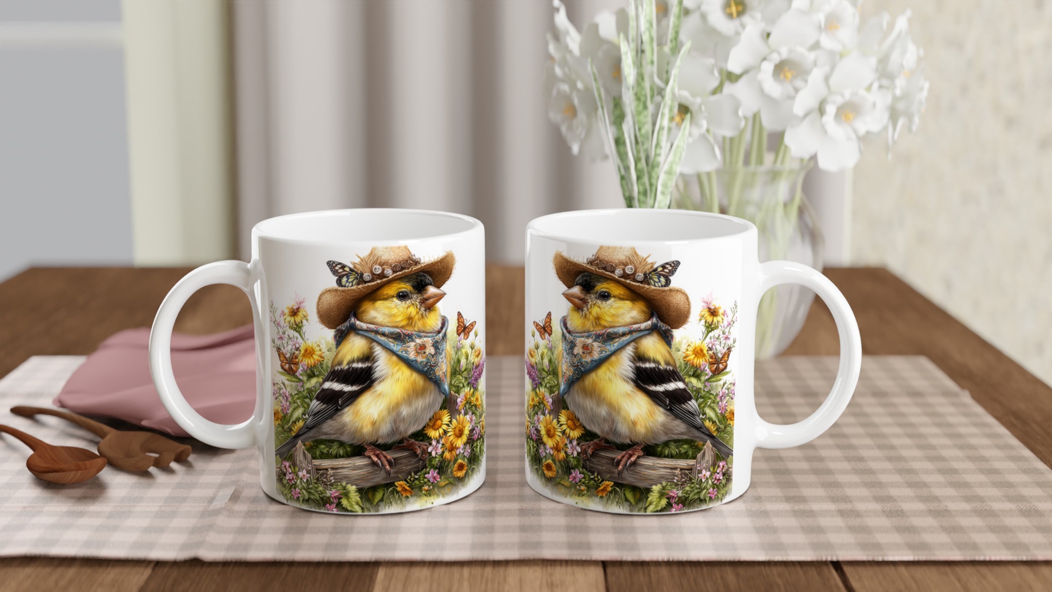 Charmig 11oz keramisk mugg med fågel i hatt och blommor – välj bland sju färgstarka nyanser 10 58f9e323-a9aa-441c-92c5-e46ad8e611e9