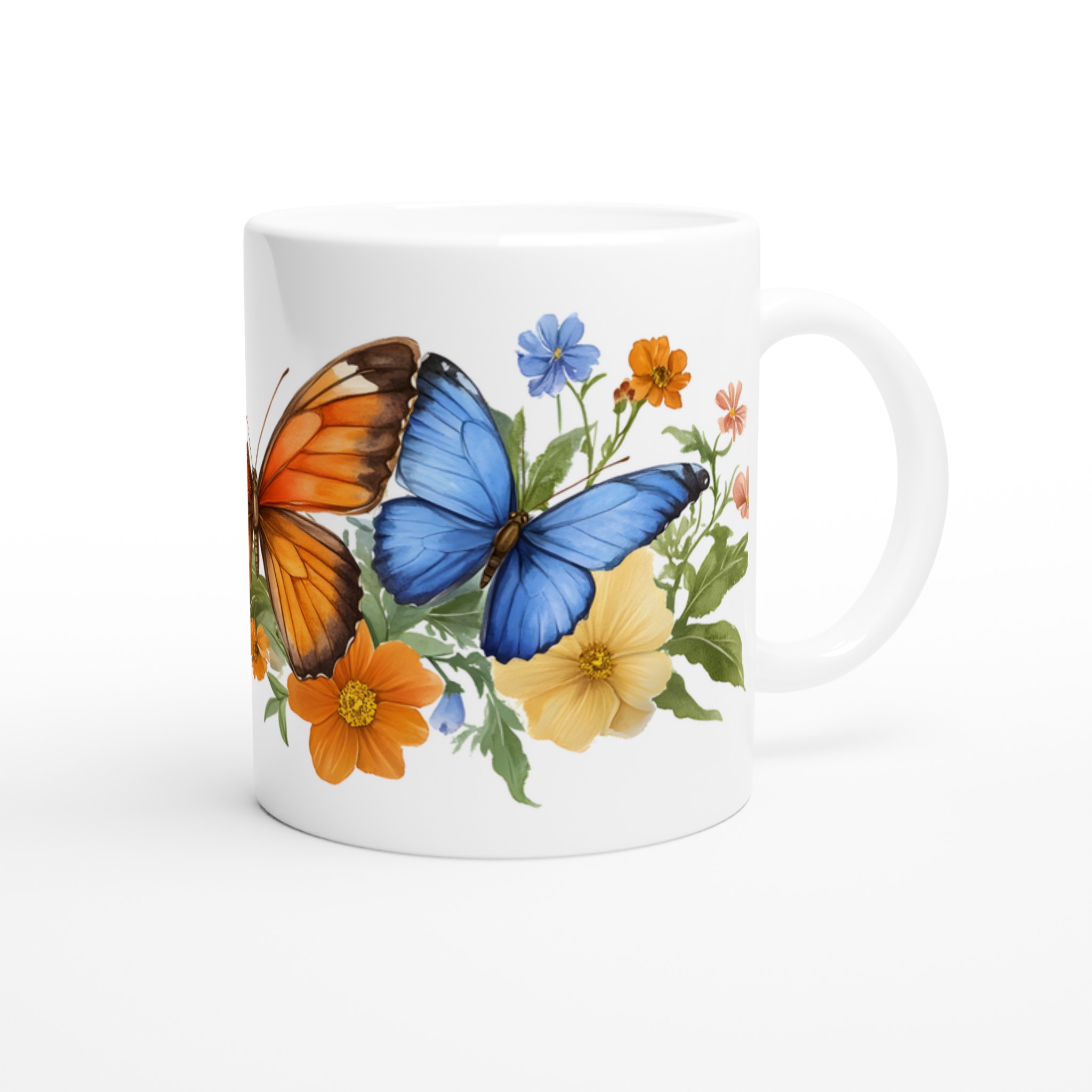 Fjärilsparadis 11oz Keramikmugg – Vackra Blå & Orange Fjärilar bland Blommor 9 595c832e-af9a-418b-81c4-44a4391895cf