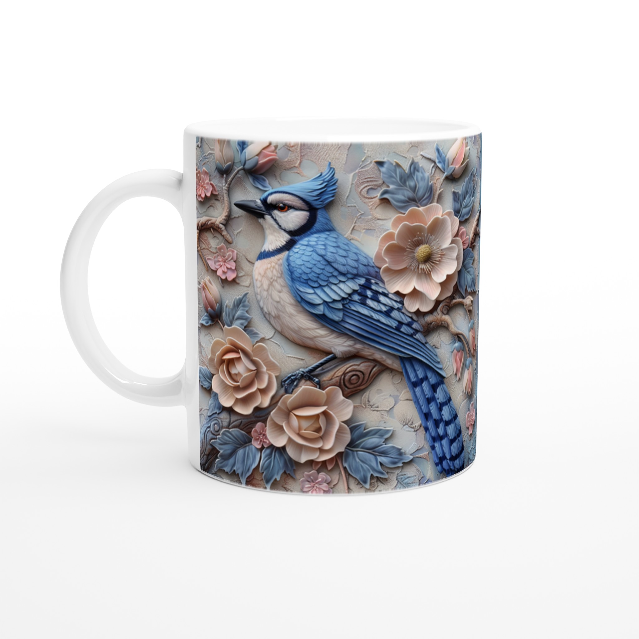 Vit 11oz keramisk mugg med elegant blåskrikfågel och blomsterdesign i mjuka pasteller 1 5975947d-de73-47e6-b17d-9e4fa7590eea