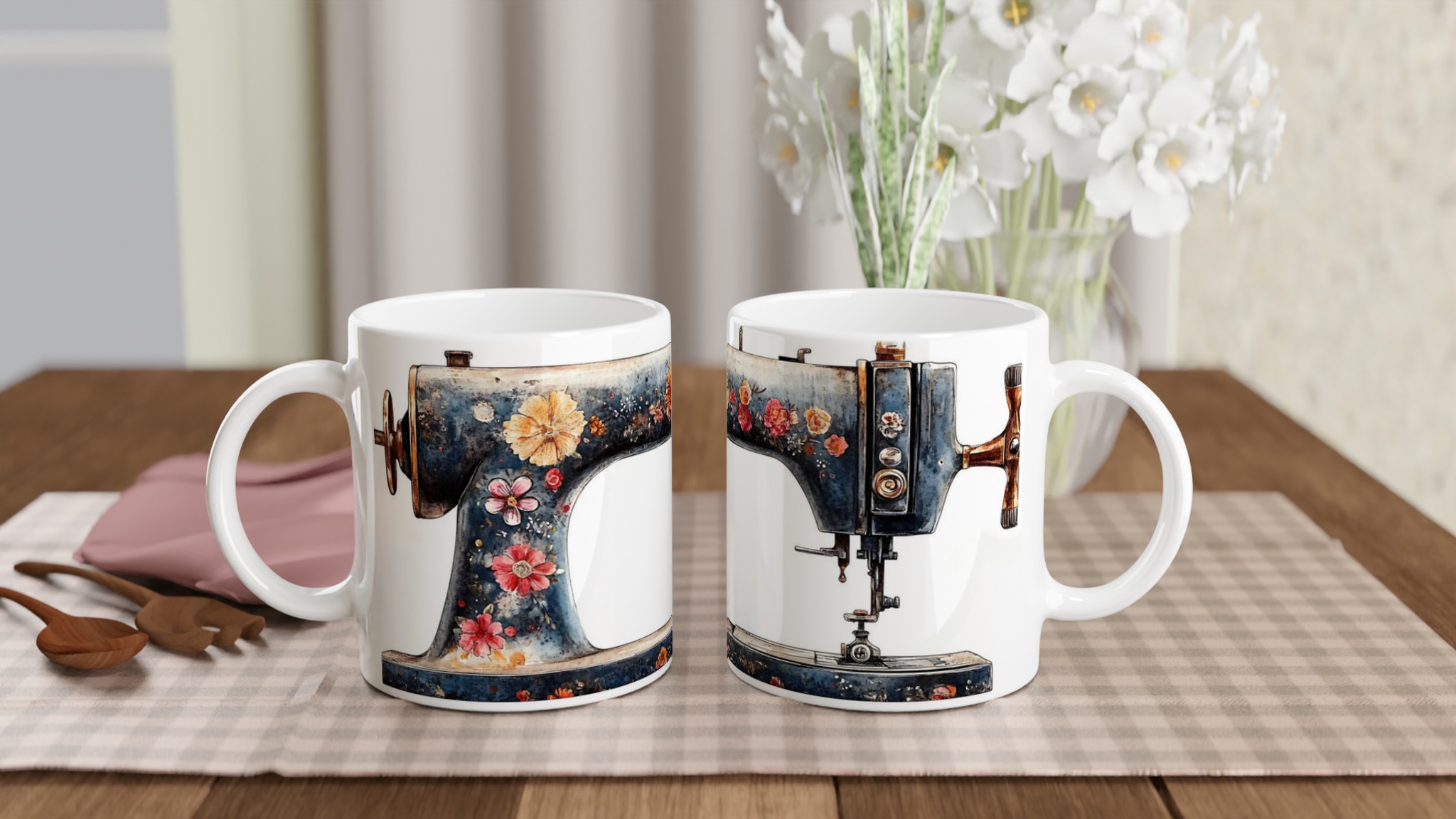 Vintage Symaskin Mugg: Blommigt Akvarellmotiv i 7 Färger – 11oz Keramisk Kaffe- & Temugg 10 59dbb239-60a1-44f3-a647-5a8283c29776