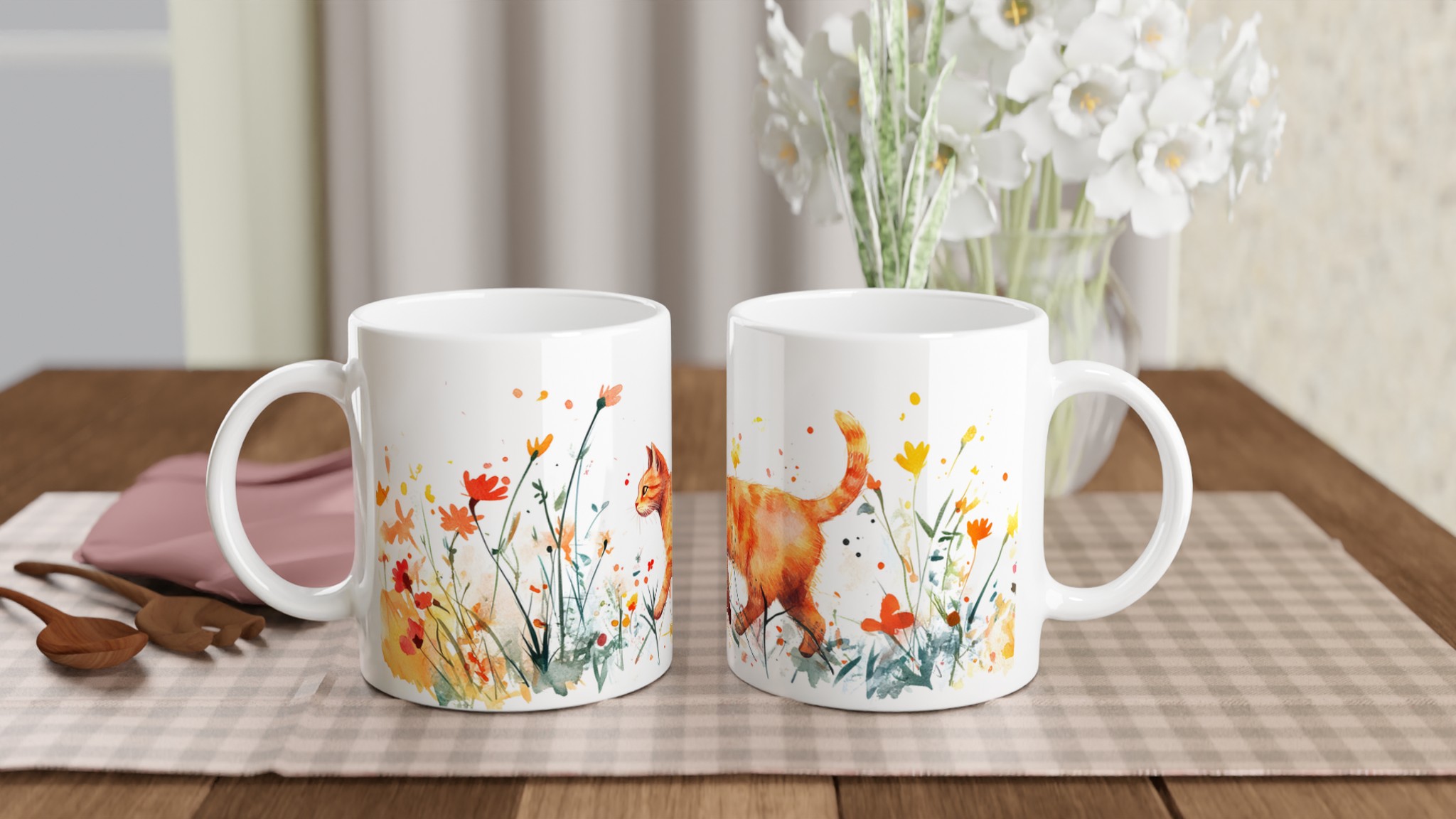 Katt bland Vildblommor - 11oz Keramisk Mugg för Kattälskare | Vattenfärgskonst i Sju Färger 10 59e9b4a9-7ac4-4635-8b6d-aa49a7ab6d35