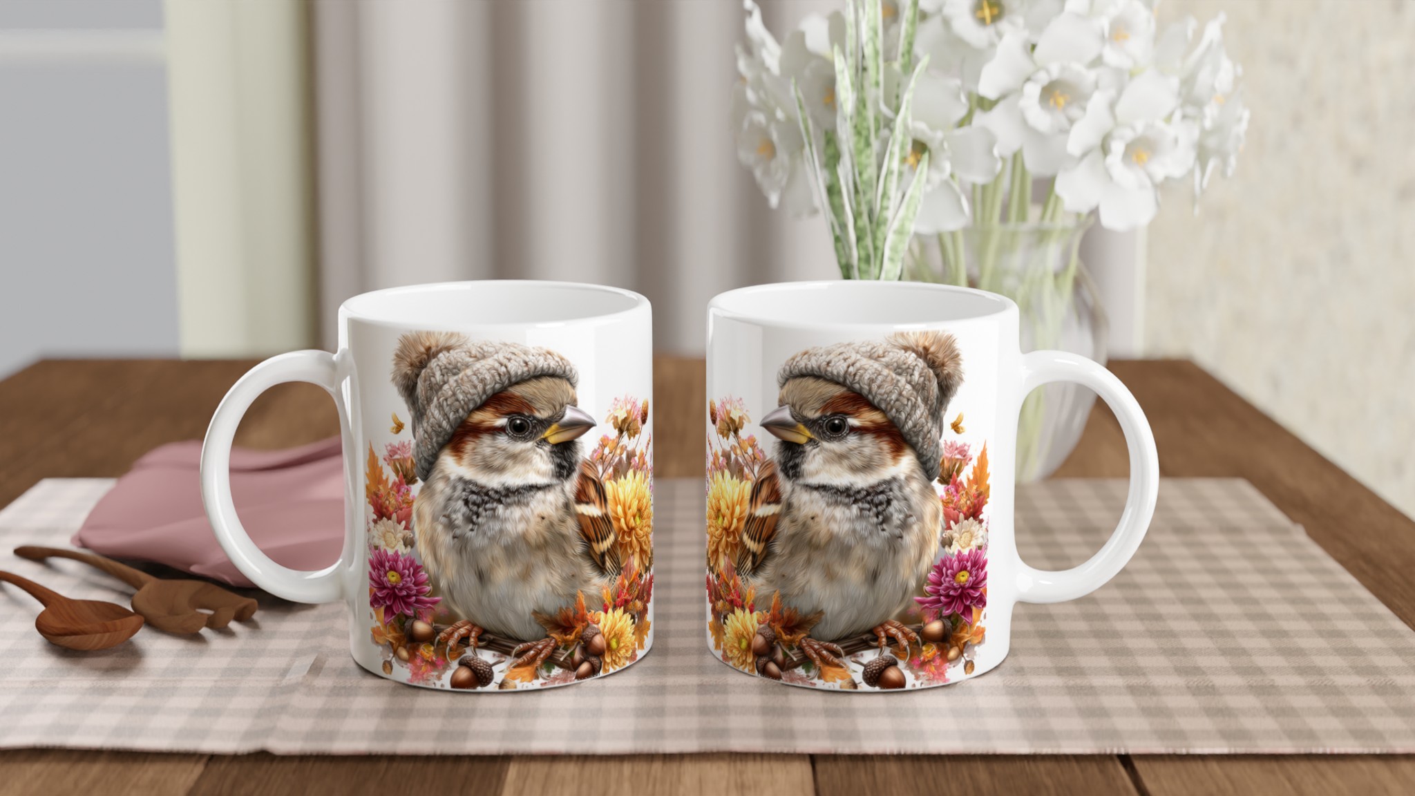 Vit 11oz keramisk mugg med charmigt sparvmotiv och valfri färgpalett 10 5a40f098-43f6-4a92-b99c-e161da70ff7e