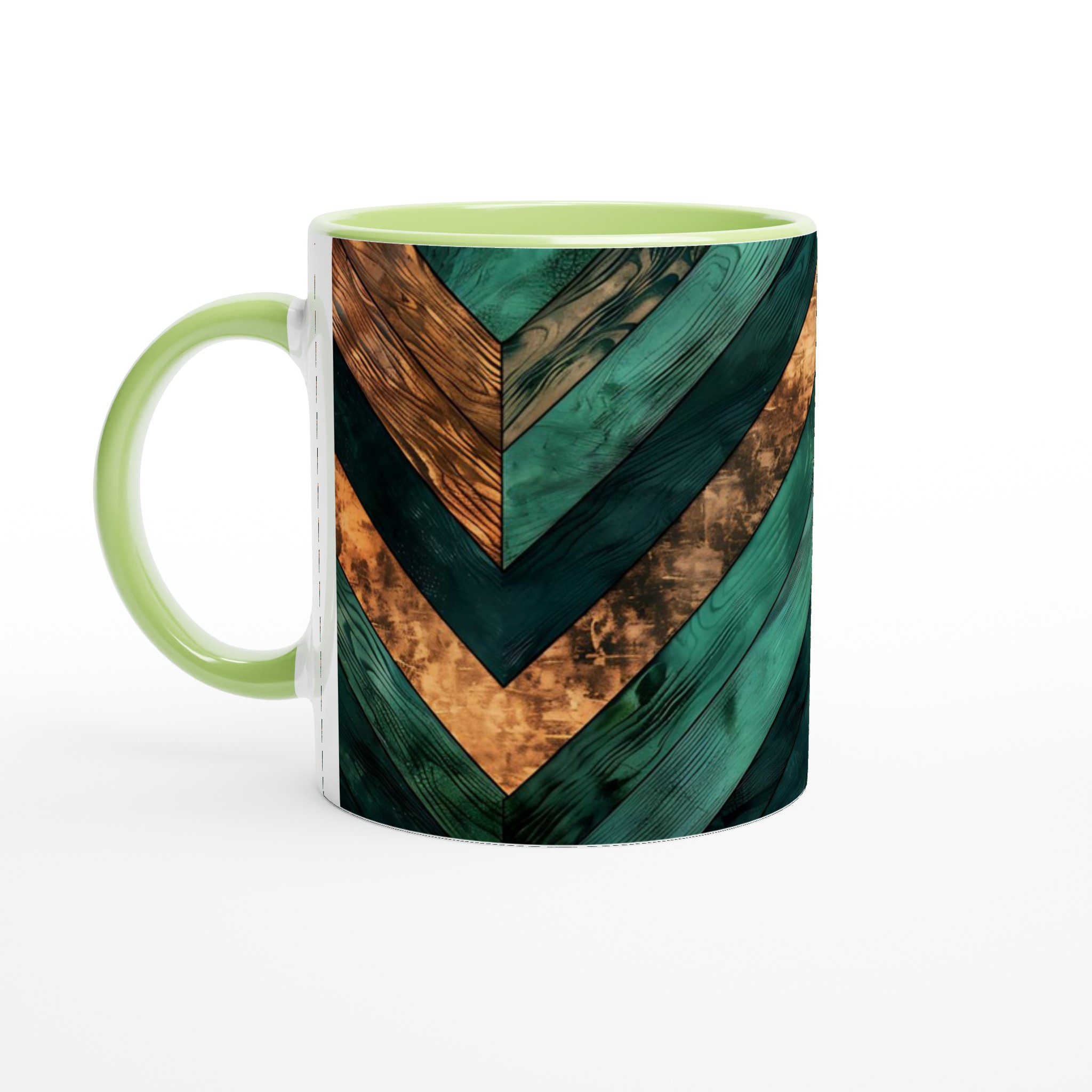 Vit 11oz keramisk mugg med geometriskt mönster i djupt grönt och koppartoner 7 5a69b427-472b-4d10-8ea8-3c3dfaef6d91