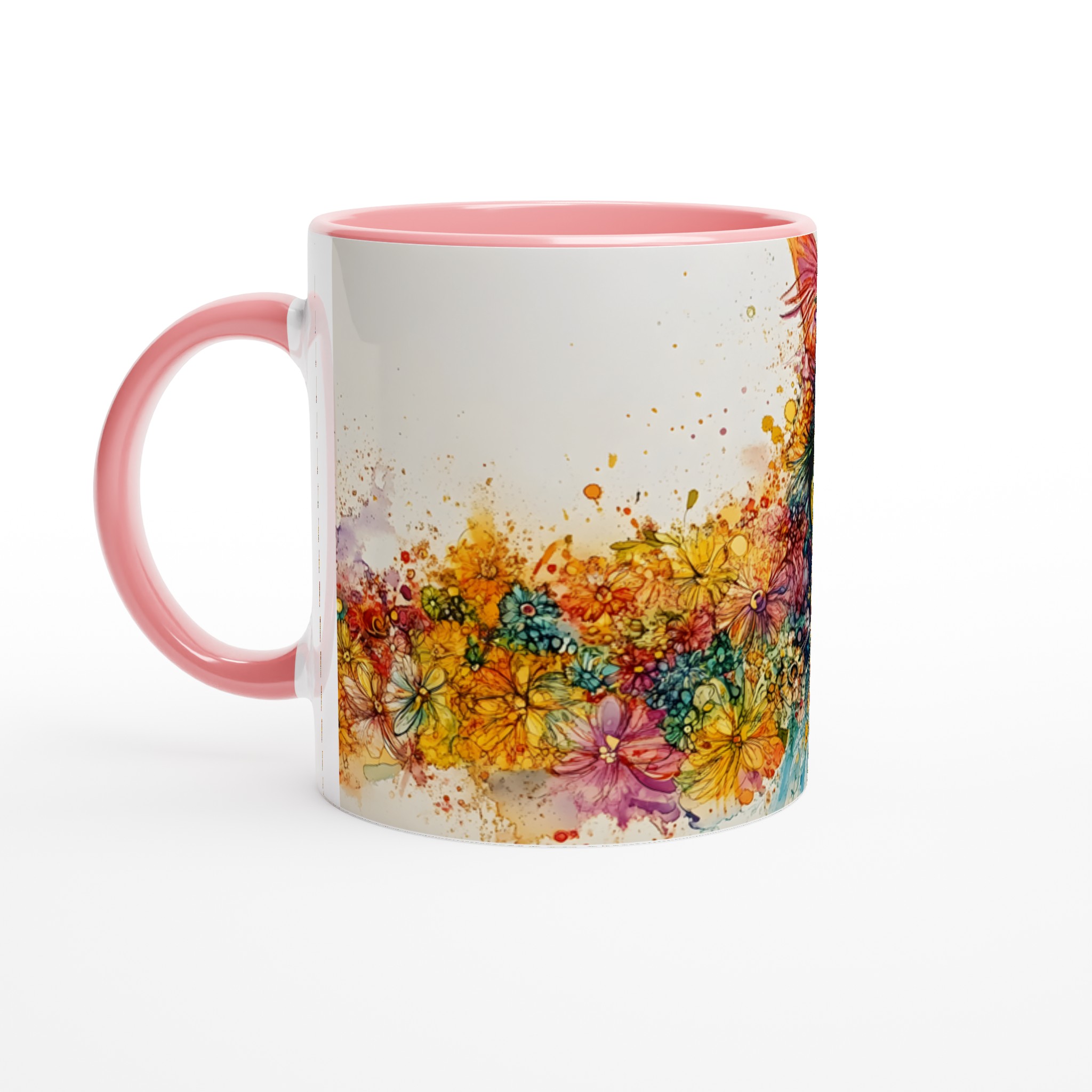 Vit 11oz keramisk mugg med färgstarkt blomstrande kattmotiv – välj din färgstil 6 5babb3f2-e0d7-4be9-836c-e3cc91226d53