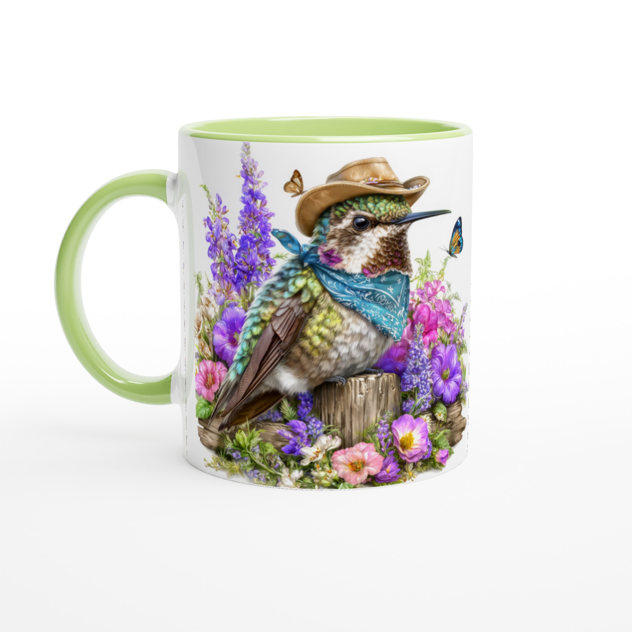Vit 11oz keramisk mugg med färgstark kolibri i cowboyhatt – välj bland sju livfulla keramikkulörer 7 5c03ecf7-7cad-465e-baed-9ed8a6f2d30e