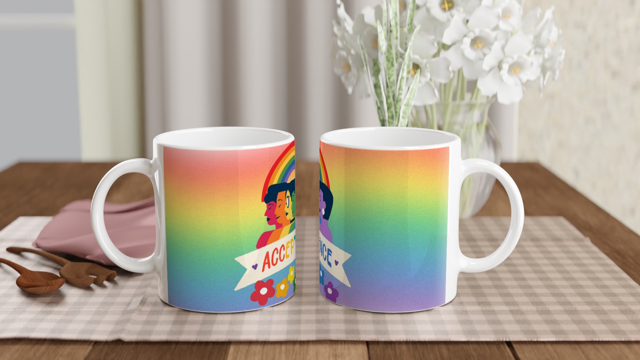 Vit 11oz keramisk mugg med färgglad Acceptans-design i sju levande nyanser 10 5c08fc62-17a9-4d19-a020-a5dcf2d2a597
