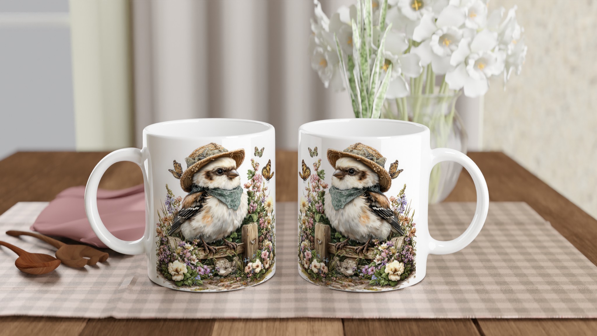 Vit 11oz keramisk mugg med charmig fågelhatt och blomsterdesign – välj din favoritfärg 10 5dec8ab1-ee04-4b55-9fbc-24fb7407e616