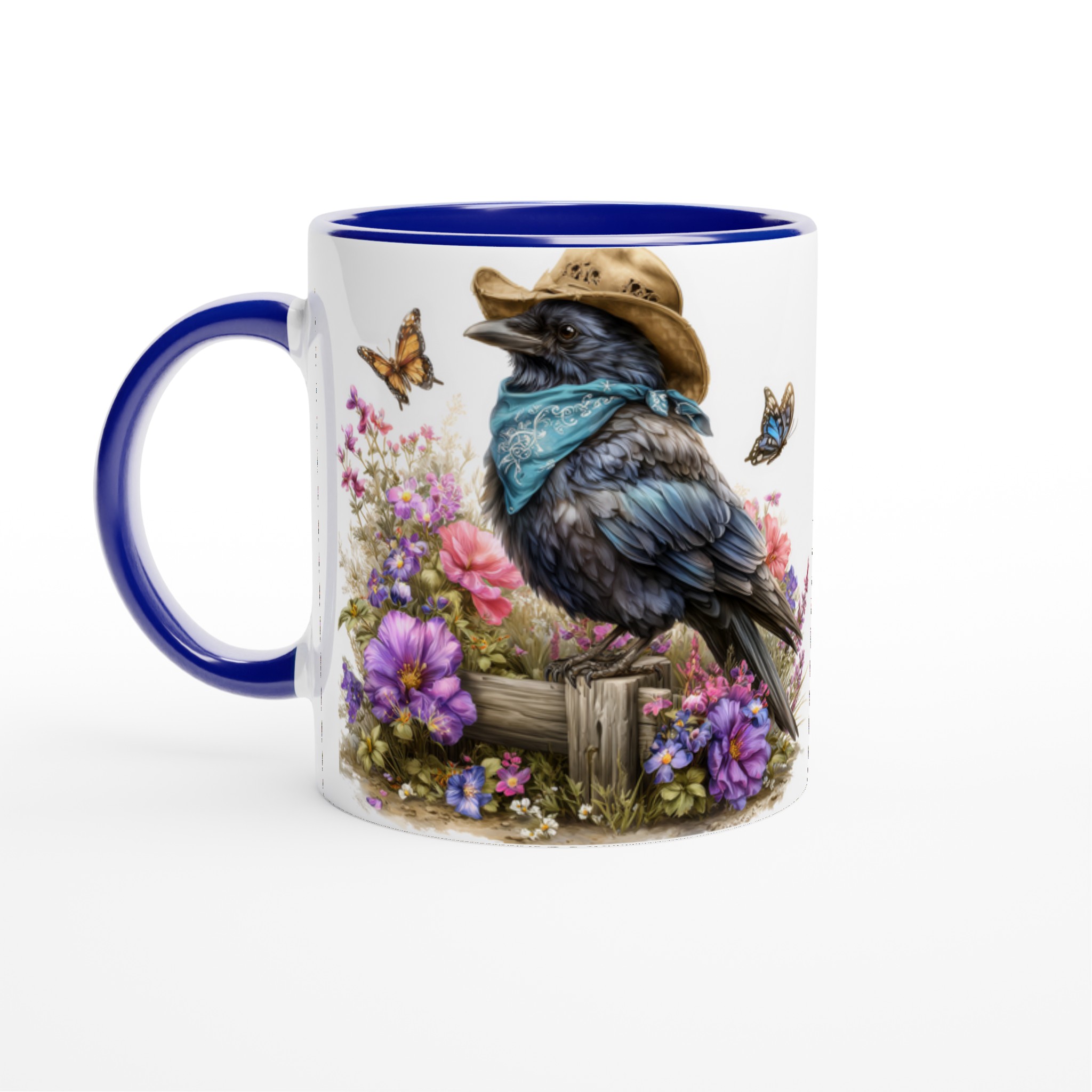Vit 11oz keramisk mugg med charmig korp i hatt och blomsterprakt – välj din favoritfärg 2 5ec8e213-b0ba-498c-a78f-0d3914978492