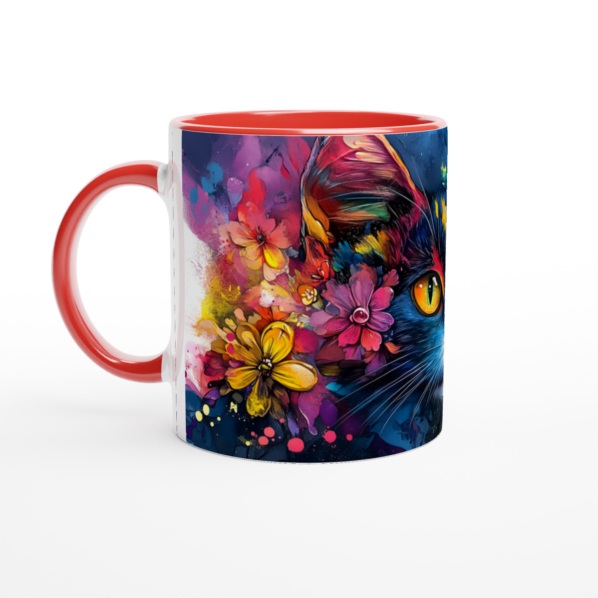 Vit 11oz keramisk mugg med färgstark konstnärlig katt, välj bland sju livfulla keramiska färger 5 5ede6661-f0de-45db-b597-6956ef957a7d