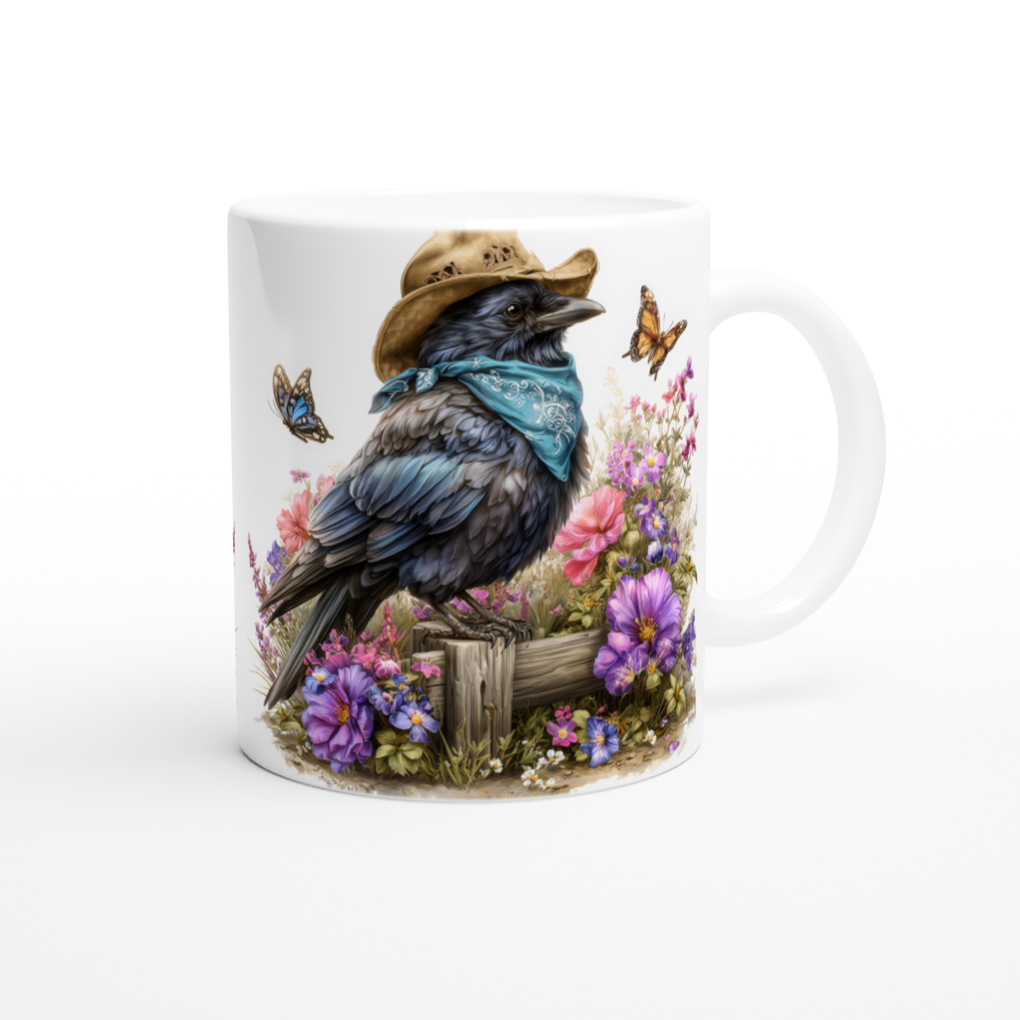 Vit 11oz keramisk mugg med charmig korp i hatt och blomsterprakt – välj din favoritfärg 10 5f377ff6-0b78-46b8-918d-3f2ecb13a376