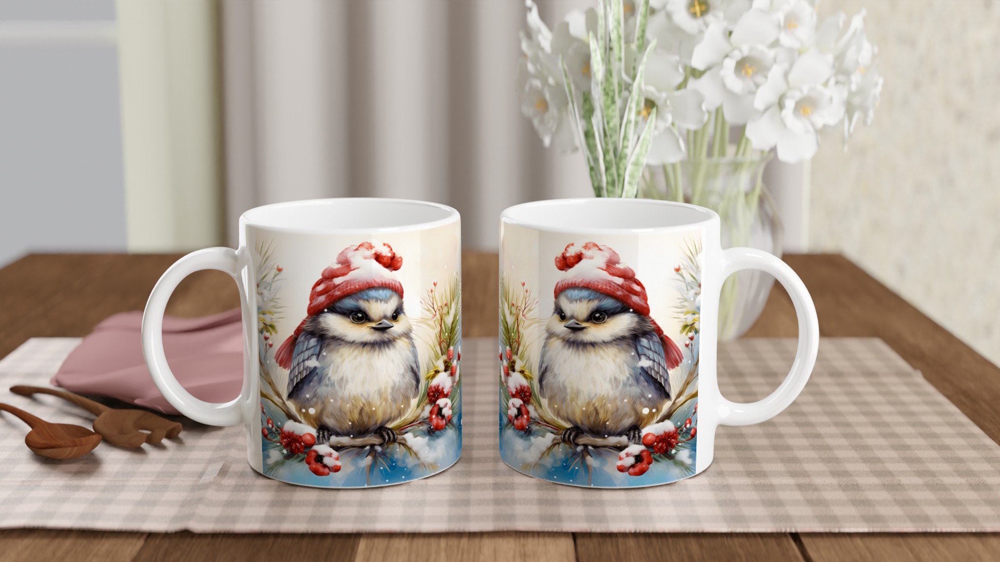 Vinterfågel Keramikmugg - Charmig design med tomteluva och snöiga bär, tillgänglig i 7 färger 10 5f4de40c-0616-49a7-a459-a324ab6b4f2d