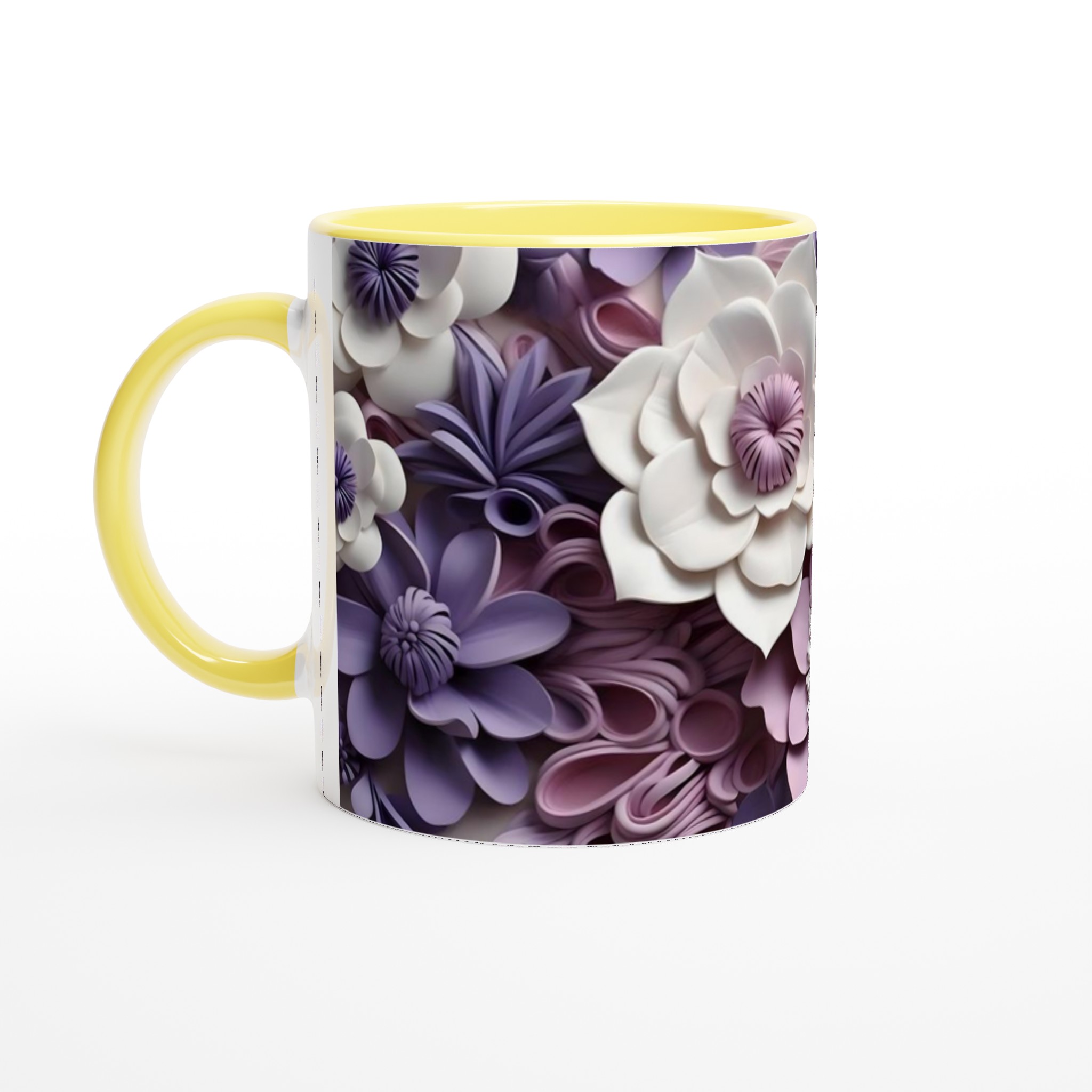 Vit 11oz keramisk mugg med elegant blad- och blomdesign i mjuka pastellfärger 3 5fcc4f17-52ce-427c-b34d-d390f6233974
