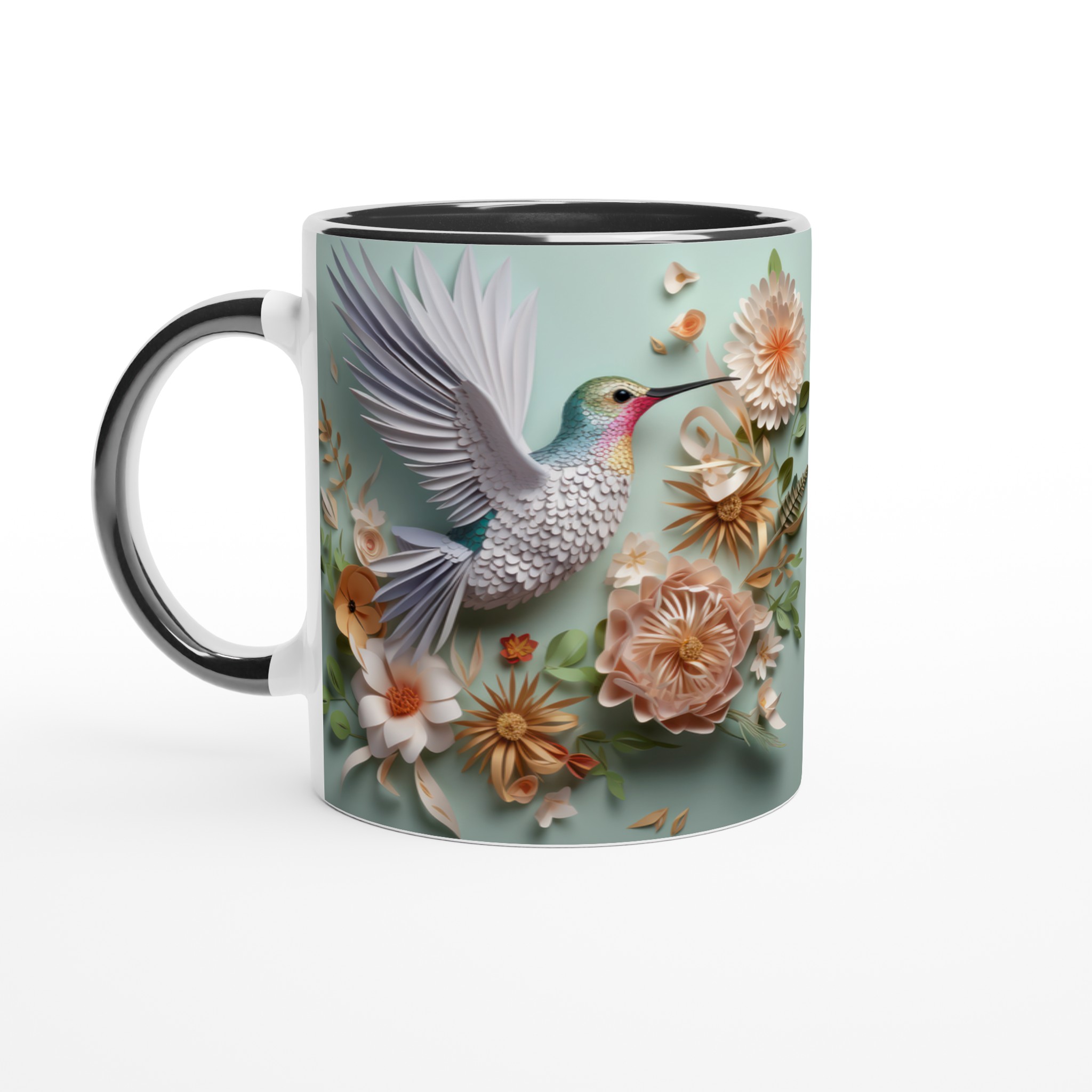 Vit 11oz keramisk mugg med elegant kolibri- och blomstertryck i mjuka pastelltoner 4 60c545be-daa3-41d6-b5d1-db5eb63b9724