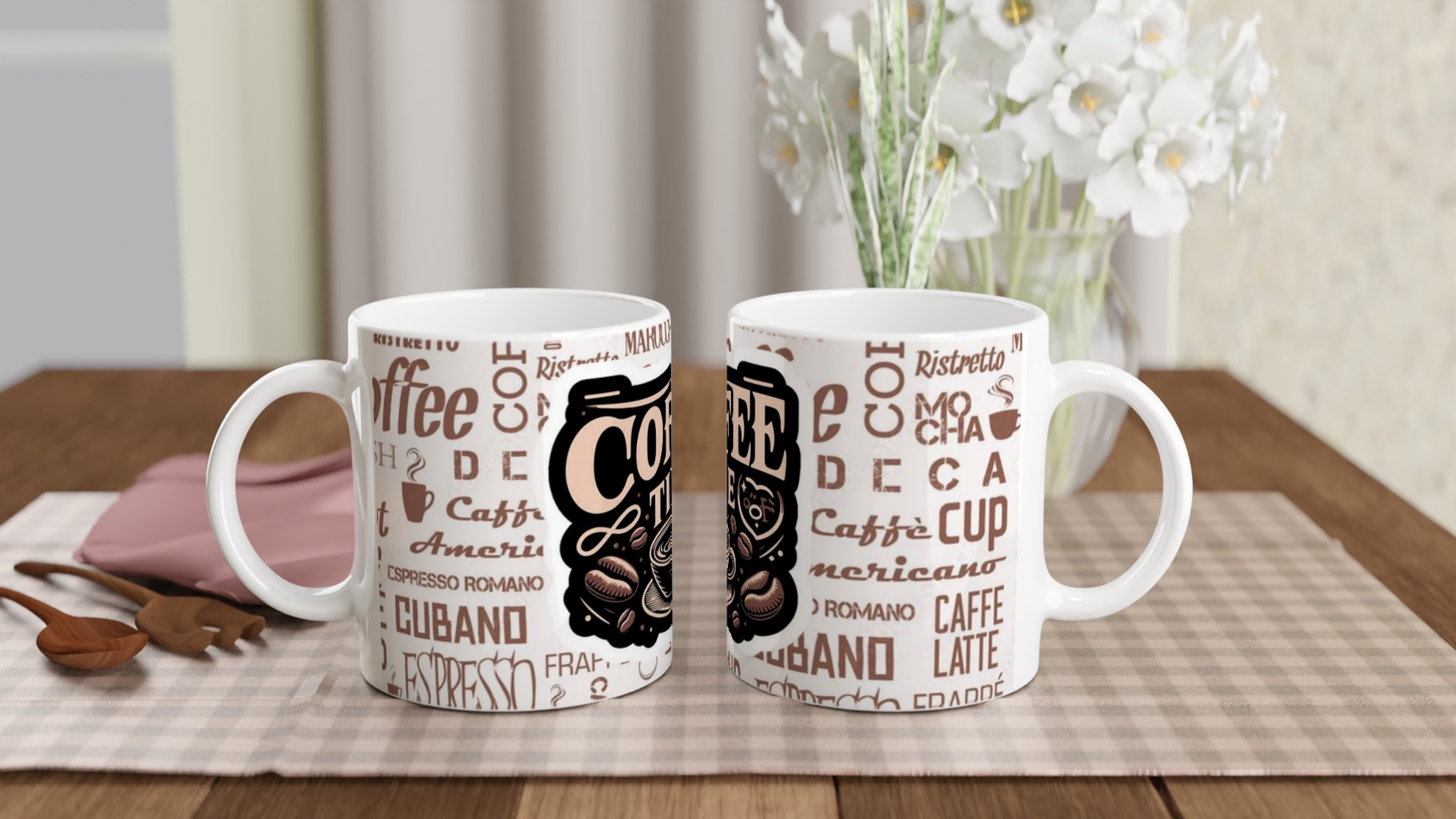 Vit 11oz keramisk mugg med ”Coffee Time”-design i tidlöst kaffeinspirerat uttryck 10 613f807e-380d-4692-838c-fce35d89829a