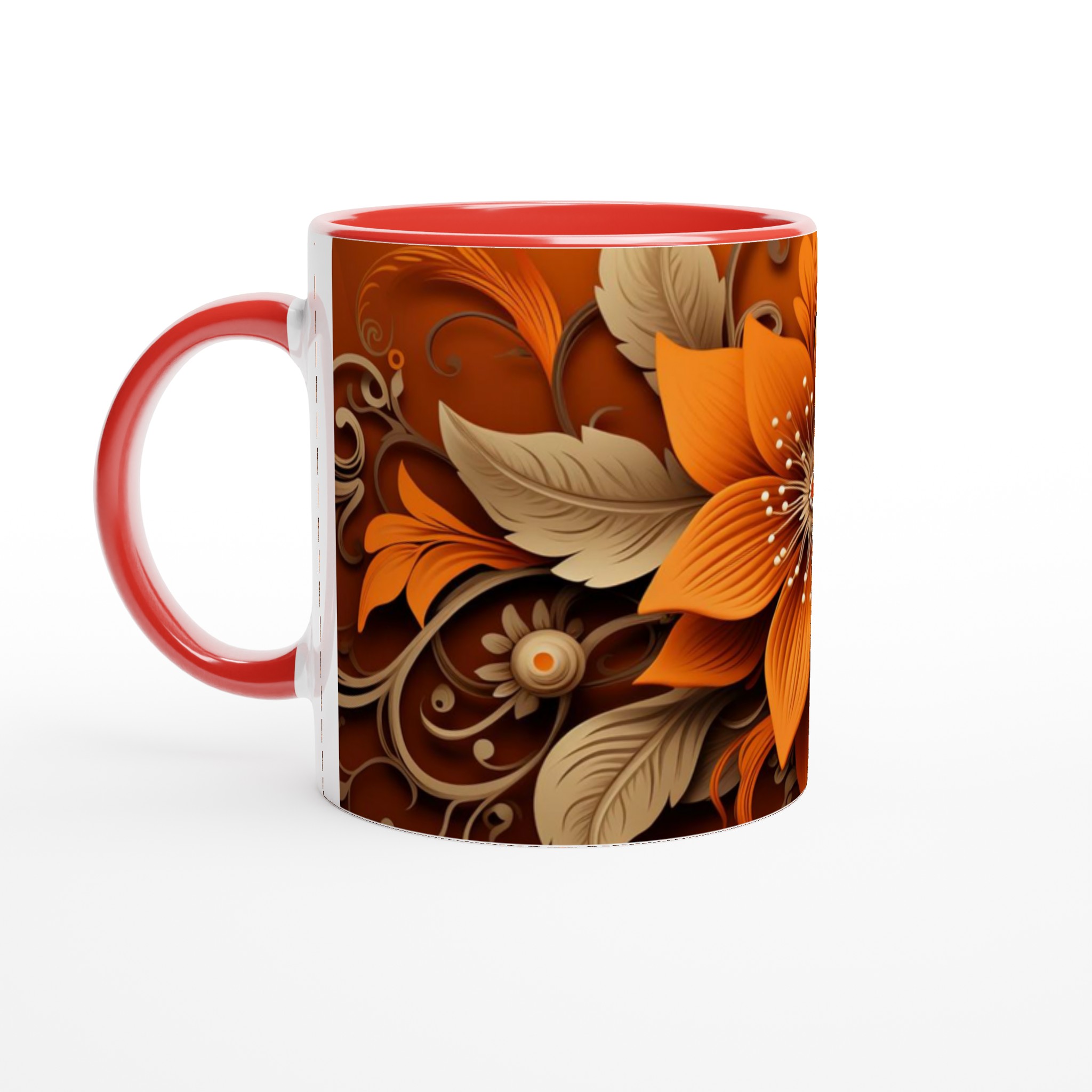 Vit 11oz keramisk mugg med sofistikerat blomstertryck i varm orange och beige 5 61b501b3-fbfc-49d6-8ebf-48de3cc05475