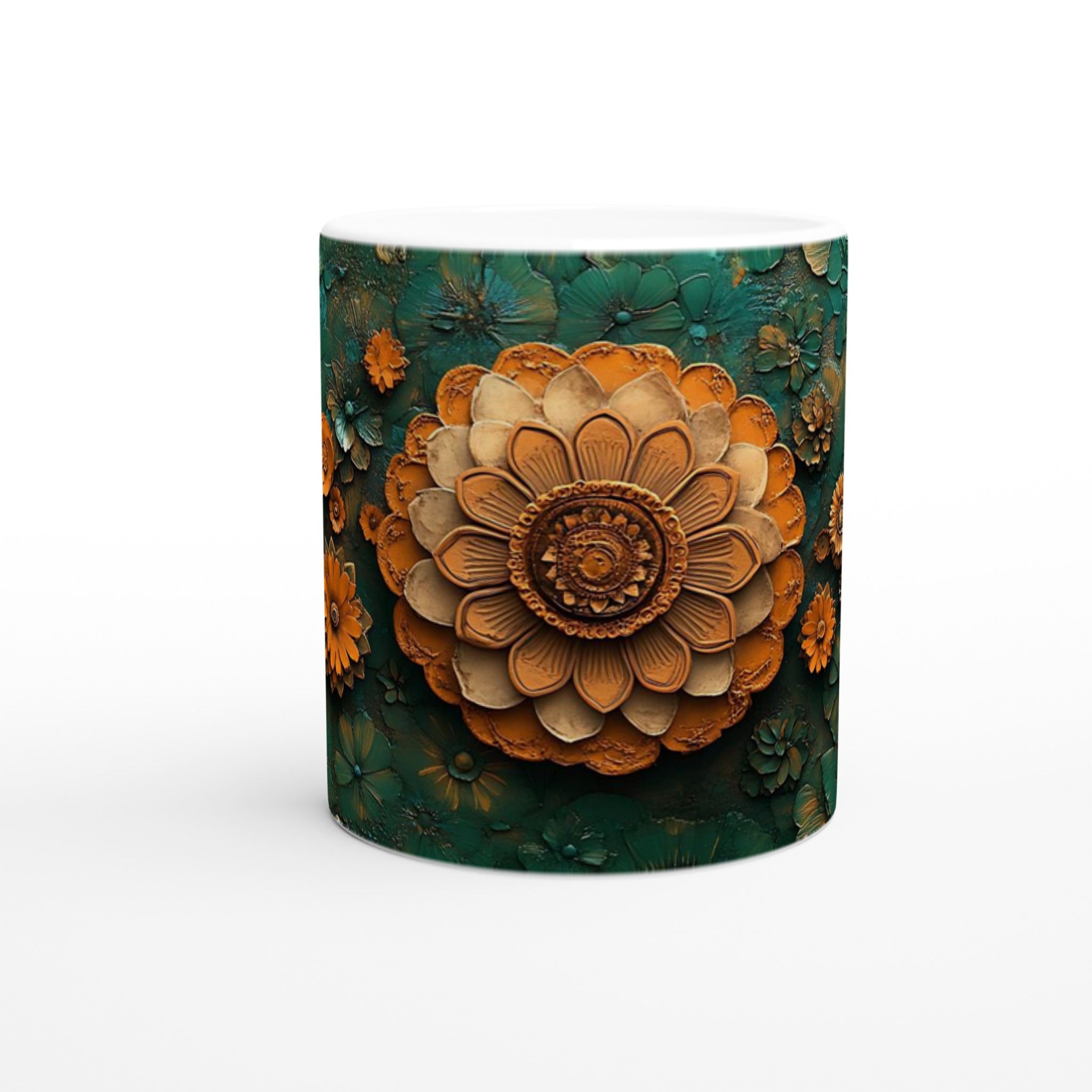 Mönstrad 11oz Keramisk Mugg - Blommönster i Bränd Orange och Teal 8 61cf95fe-3b37-4e10-9093-2cd14fe1c4cf