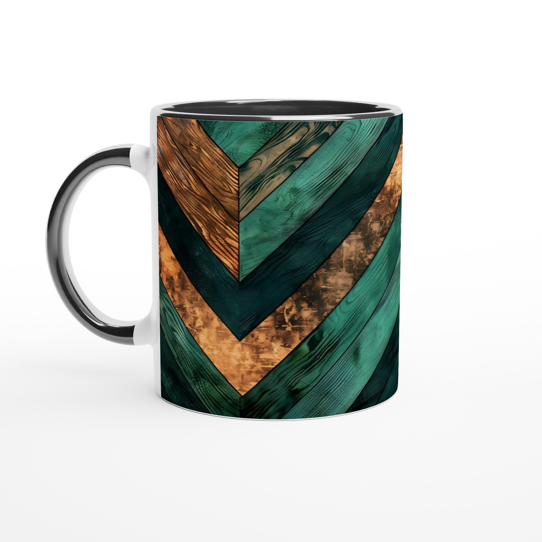 Vit 11oz keramisk mugg med geometriskt mönster i djupt grönt och koppartoner 4 62d24cc8-dba0-44f2-af0e-ebd8fd128ced