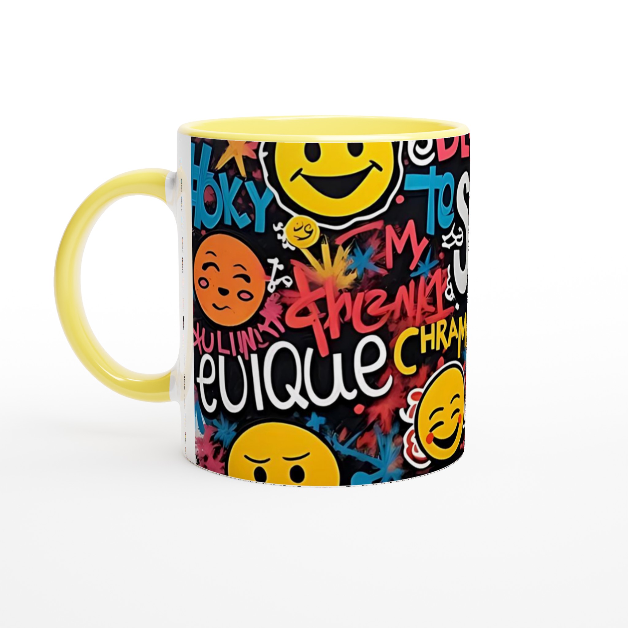 Vit 11oz keramisk mugg med färgstarkt graffiti- och emoji-motiv i flera keramiska färger 3 6356f10c-3f4a-42fa-924e-2f37dfc71a72