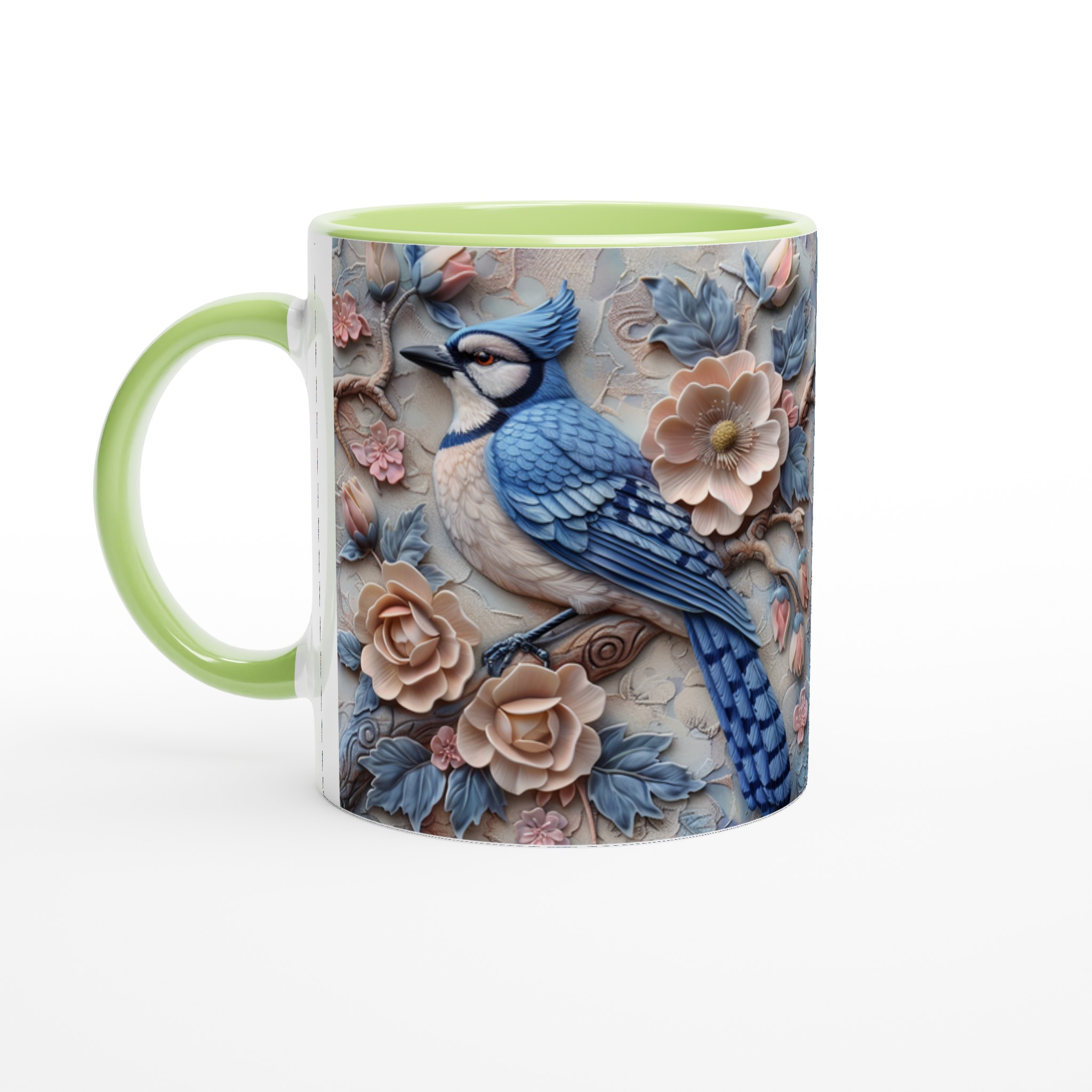 Vit 11oz keramisk mugg med elegant blåskrikfågel och blomsterdesign i mjuka pasteller 7 63ca2ce6-c4fc-4c59-b583-db20675f8277