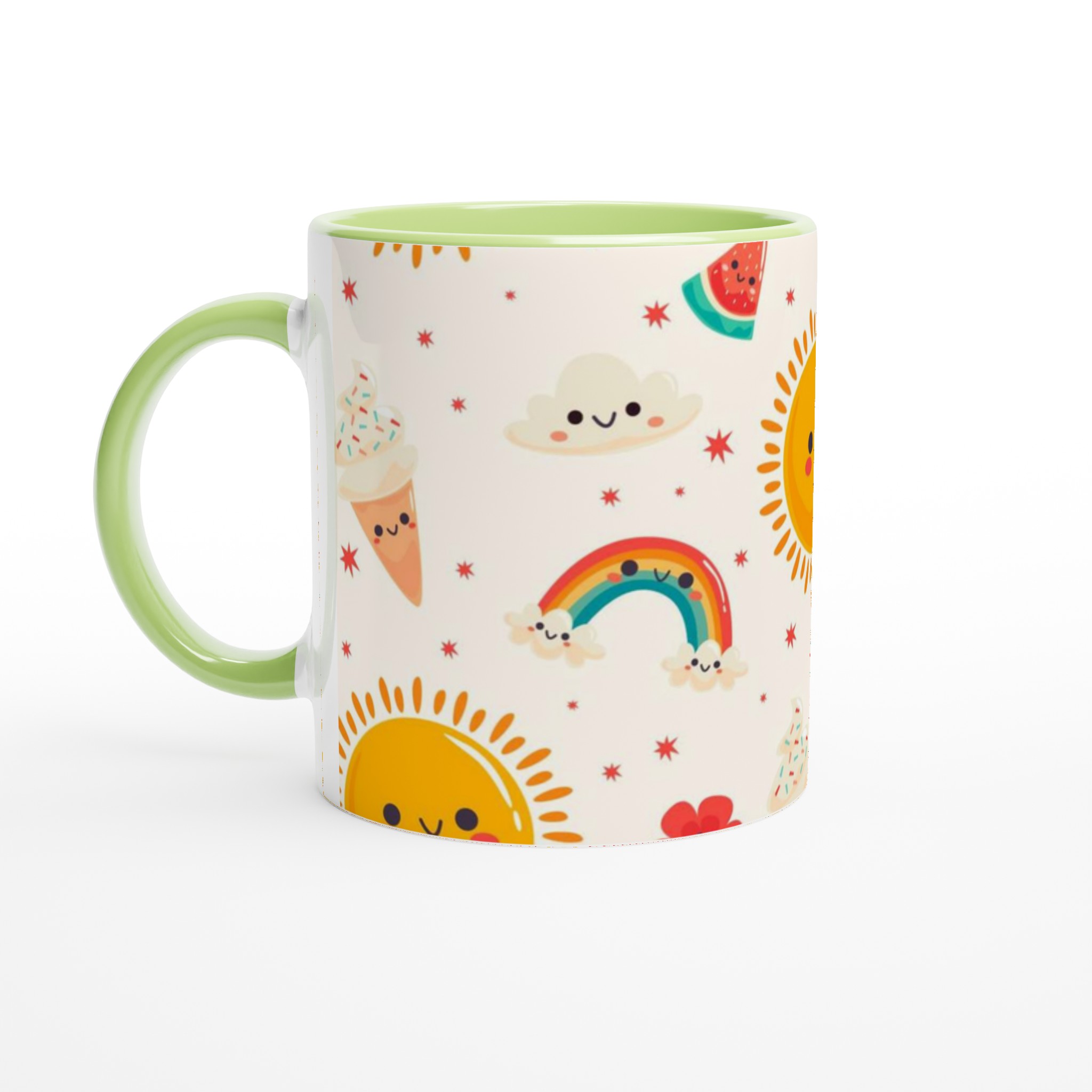 Glad Sommar Mugg – 11oz Keramikmugg med Kawaii Sol, Regnbågar och Glass – Välj bland 7 Livliga Färger! 7 63dab619-95dd-4557-979e-f347b46fc598