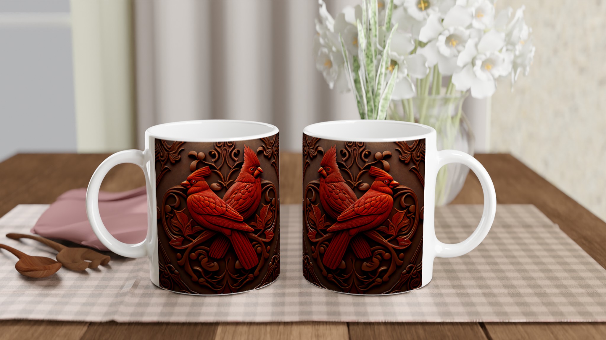 Vit 11oz Keramisk Mugg med Detaljerad Röd Kardinaldesign i Flera Färger 10 6400e746-ee7a-4f7f-9934-19792ed54a5c