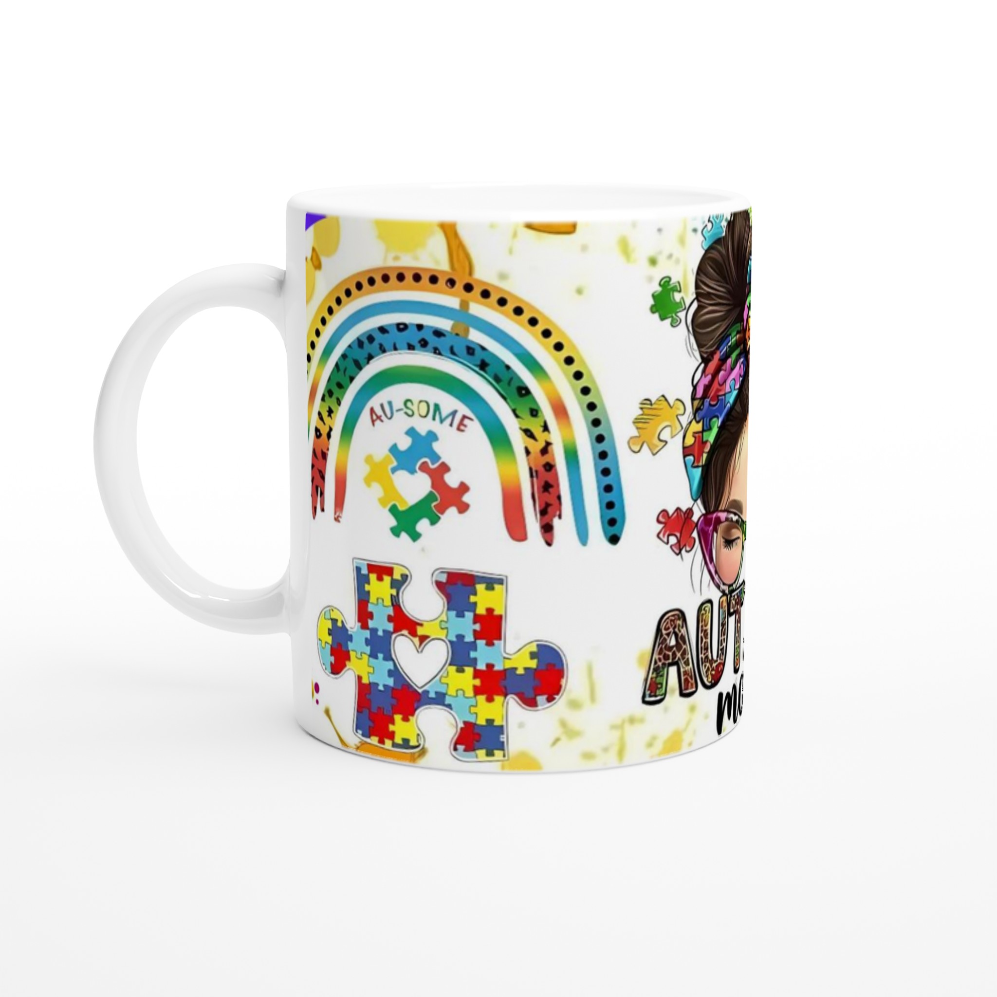 Vit 11oz keramisk mugg med färgstark Autism Mom-design – välj bland sju livfulla keramiska färger 1 643f42fb-6c8e-4861-892f-76b5bcd14281