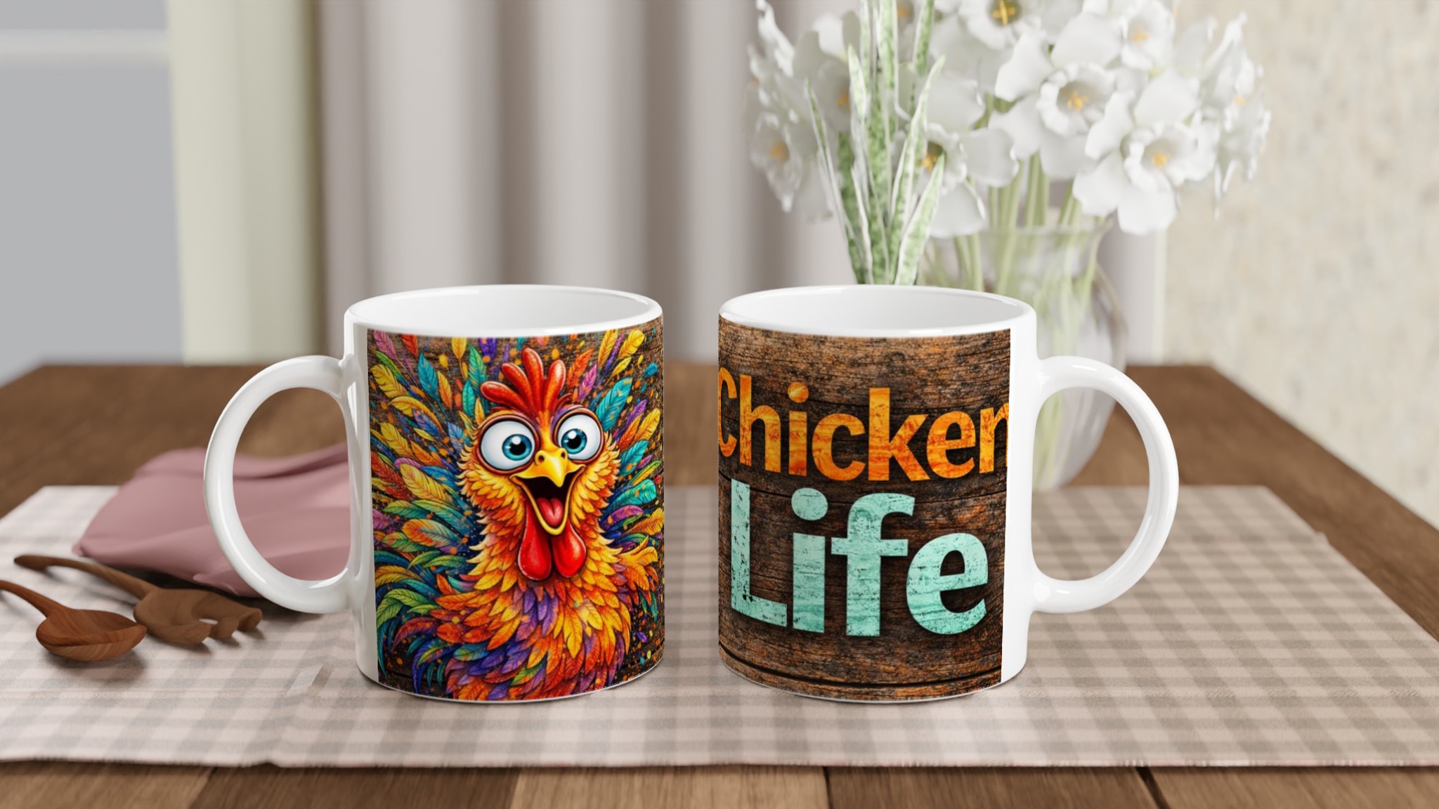 Vit 11oz keramisk mugg med färgstarkt Chicken Life-design i flera livfulla keramfärger 10 64dc9c1b-c982-481a-ae00-007179f7ee63