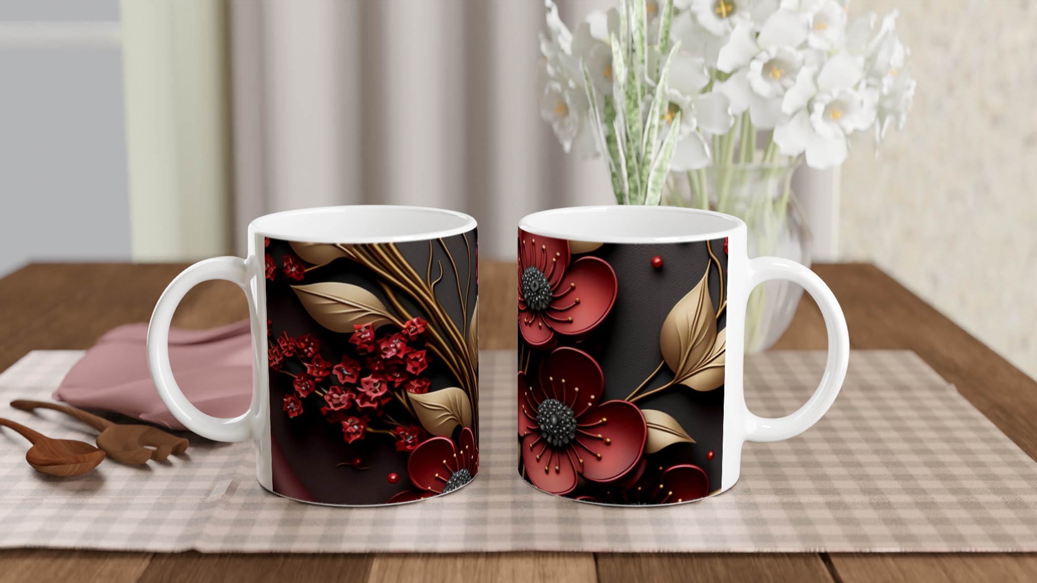 Vit 11oz keramisk mugg med elegant röd och guld blommönster – välj bland sju stilfulla färger 10 660a36d3-5c92-4cb7-b964-ba9ff5df5d99