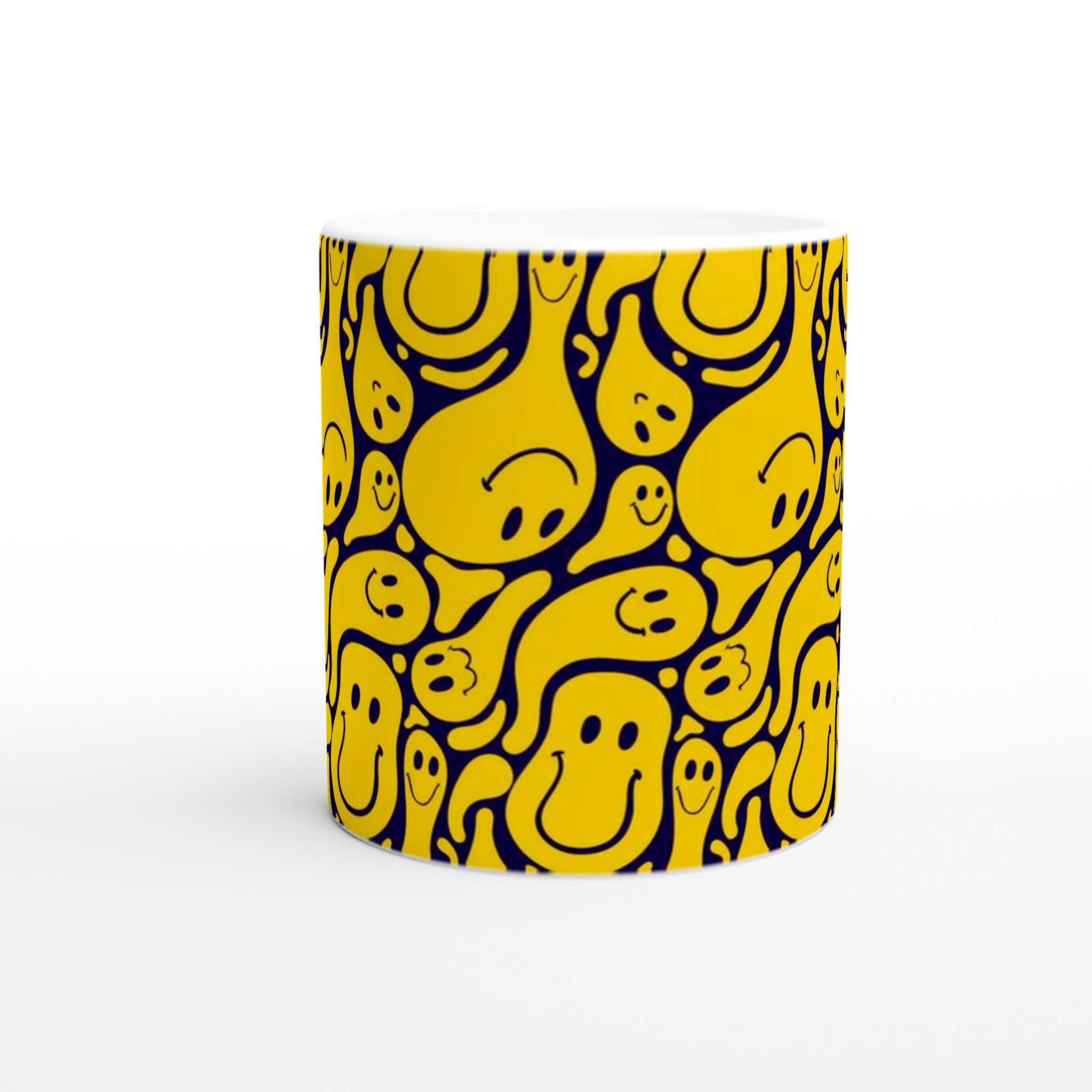 Vit 11oz keramisk mugg med lekfulla gula smileys – välj bland sju livfulla färger 8 666f1cd7-9769-419c-83c7-4ea7fb2d24c8