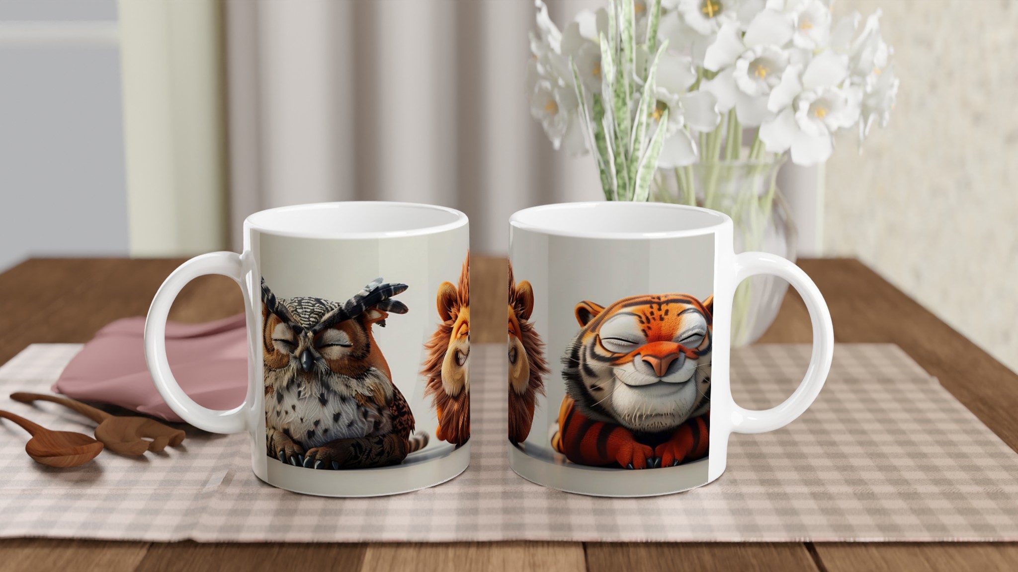 Humoristisk Djurmugg - Söta & Glada Vänner (Uggla, Lejon, Tiger) – 11oz Keramisk Mugg i Valfri Färg 10 669e6f2f-07ed-4cee-b2f4-833d294cbe96