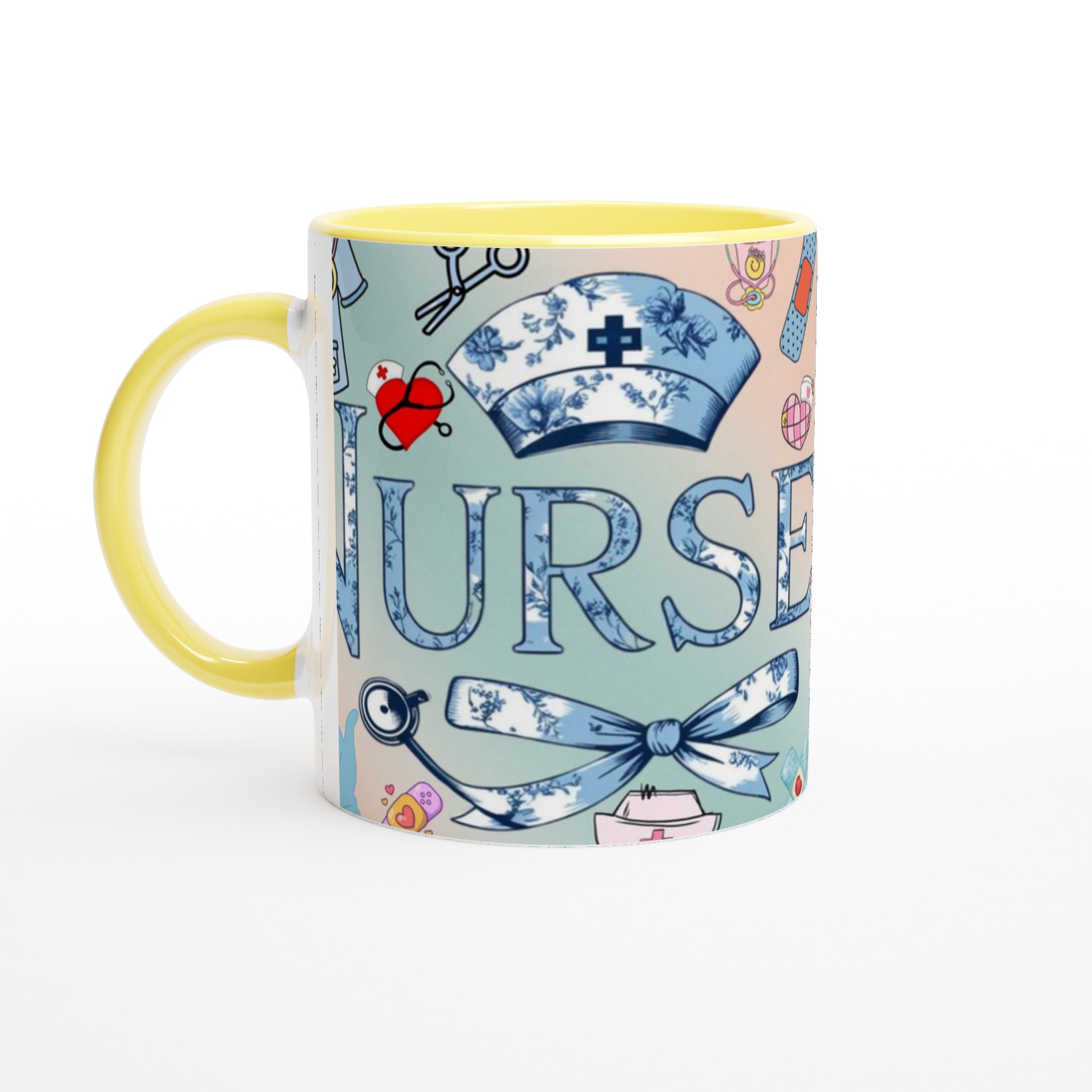 Vit 11oz keramisk mugg med vintage sjuksköterskedetaljer i mjuka blå nyanser 3 67e4dc75-86f9-4b4c-91e5-a01c5b899003