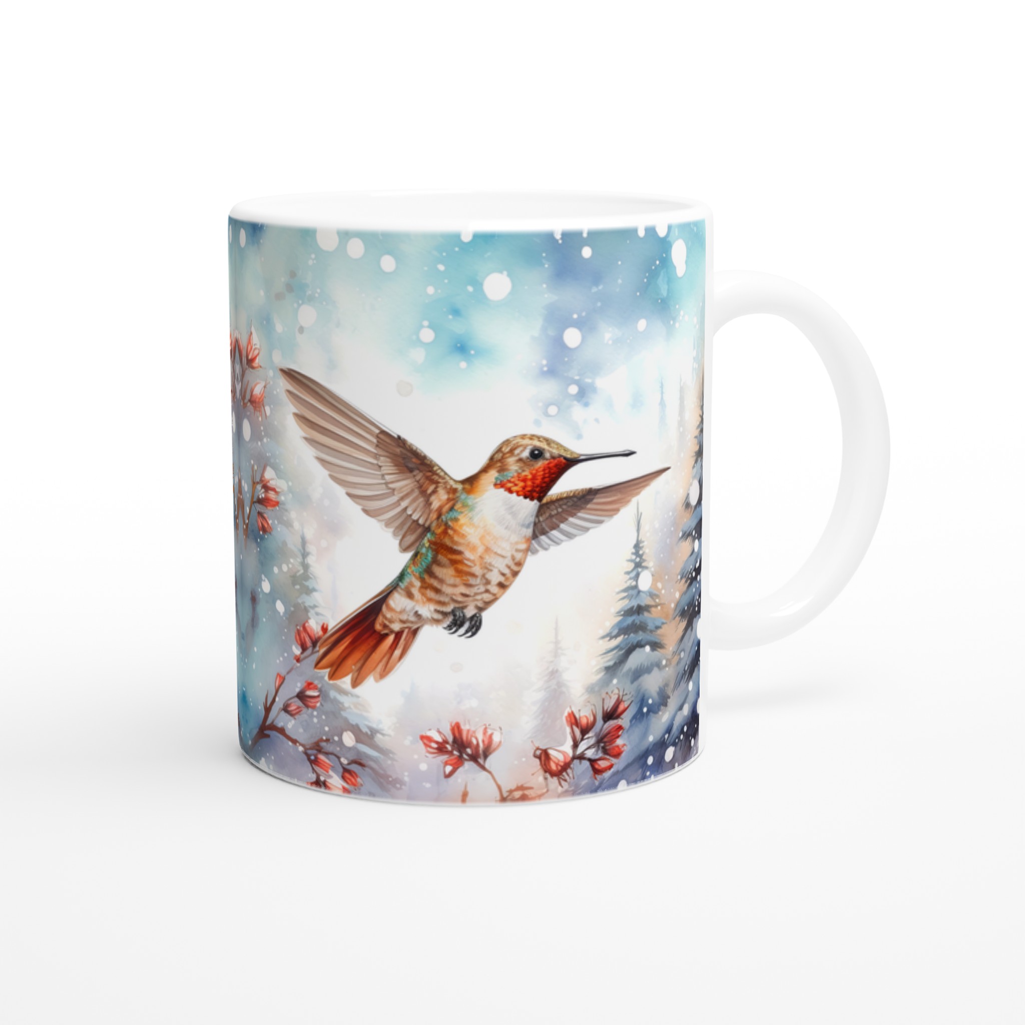 Vit 11oz keramisk mugg med vinterinspirerad kolibri och blomma - välj din favoritfärg 9 685a190b-6117-4413-aead-c6ca35ee2cfb