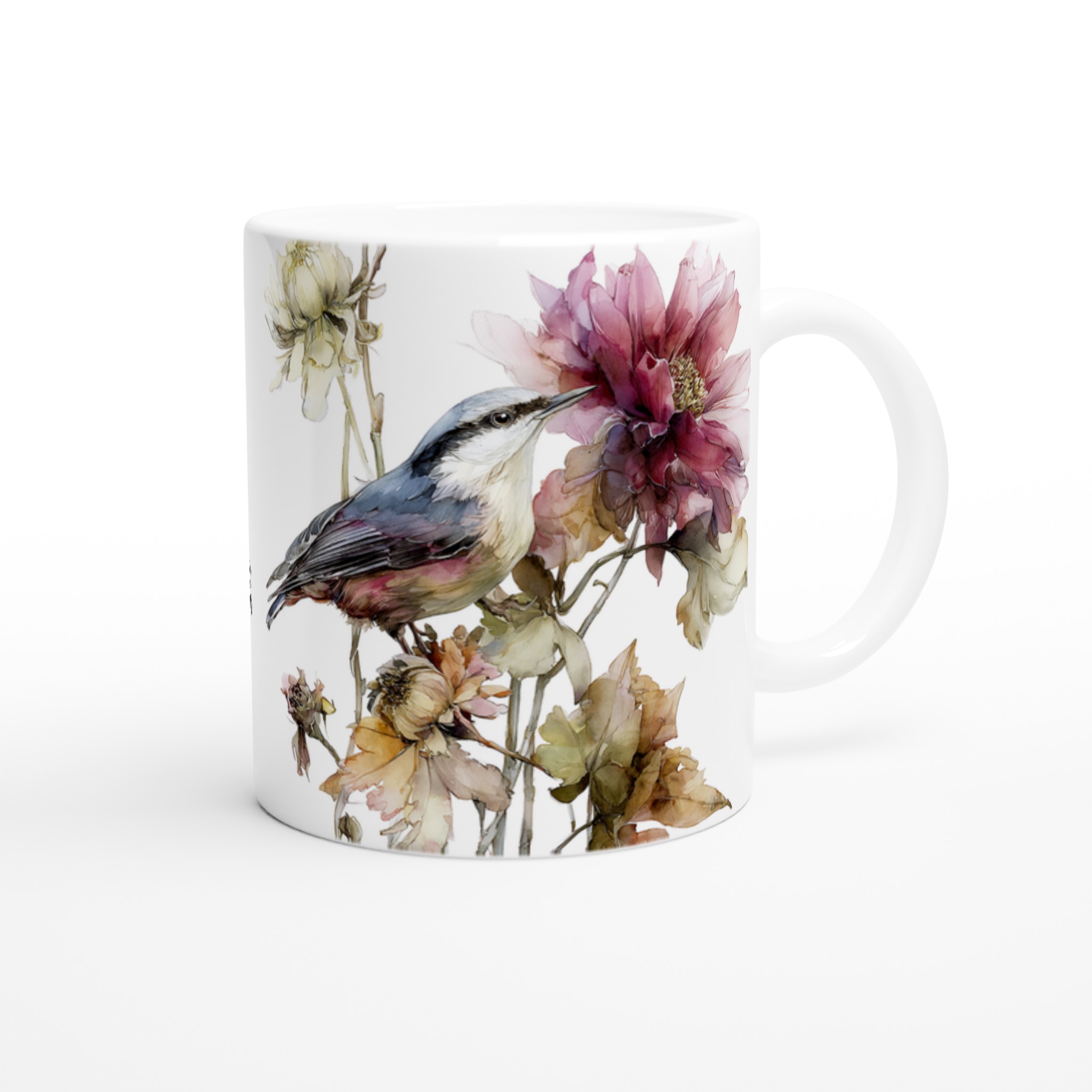 Vit 11oz keramikmugg med elegant fågel- och blomsterdesign – välj bland sju färgstarka nyanser 9 685f47d8-6fa8-4d3a-a417-4d7def03f216
