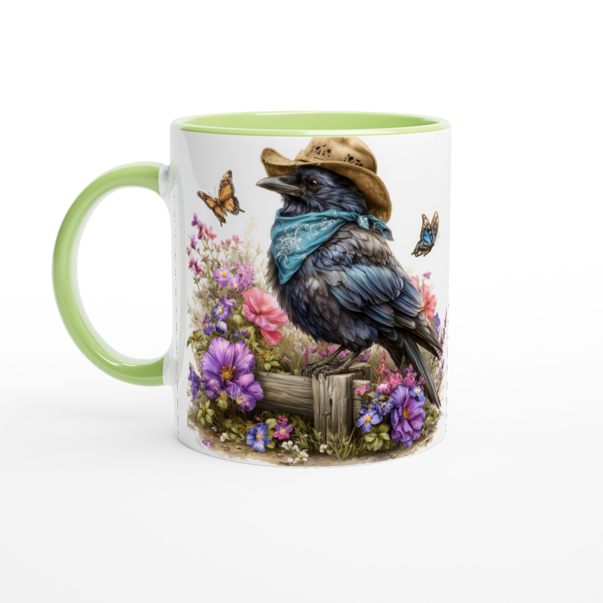 Vit 11oz keramisk mugg med charmig korp i hatt och blomsterprakt – välj din favoritfärg 8 68636332-161b-4402-a52f-c8830d56f817