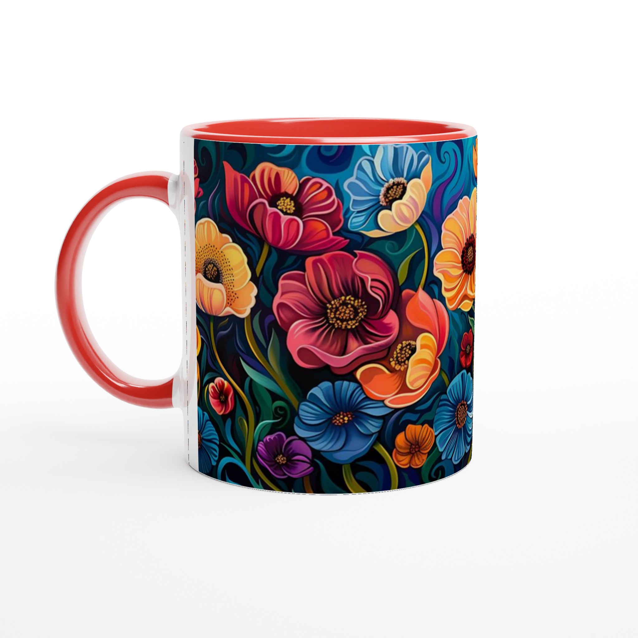 Abstrakt Blomster Keramikmugg – Konstnärlig Kaffemugg med Färgstarka Blommor och Virvlar i Ditt Val av Färg 5 6892d75a-1671-4161-9188-c9439dc1ead5