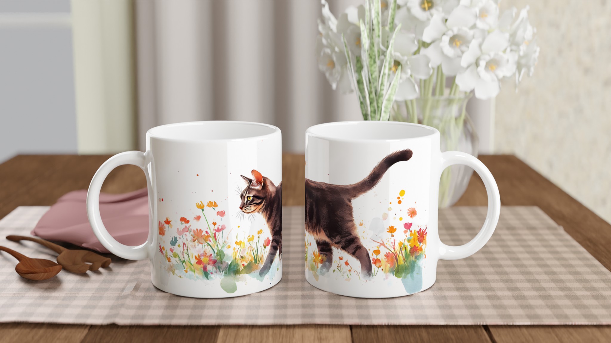 Katt bland Vårblommor - Konstnärlig Keramisk Mugg i 7 Färger | 11oz Högkvalitativ Kaffemugg 10 68d29aa3-5132-4122-892e-2be137ab61a9