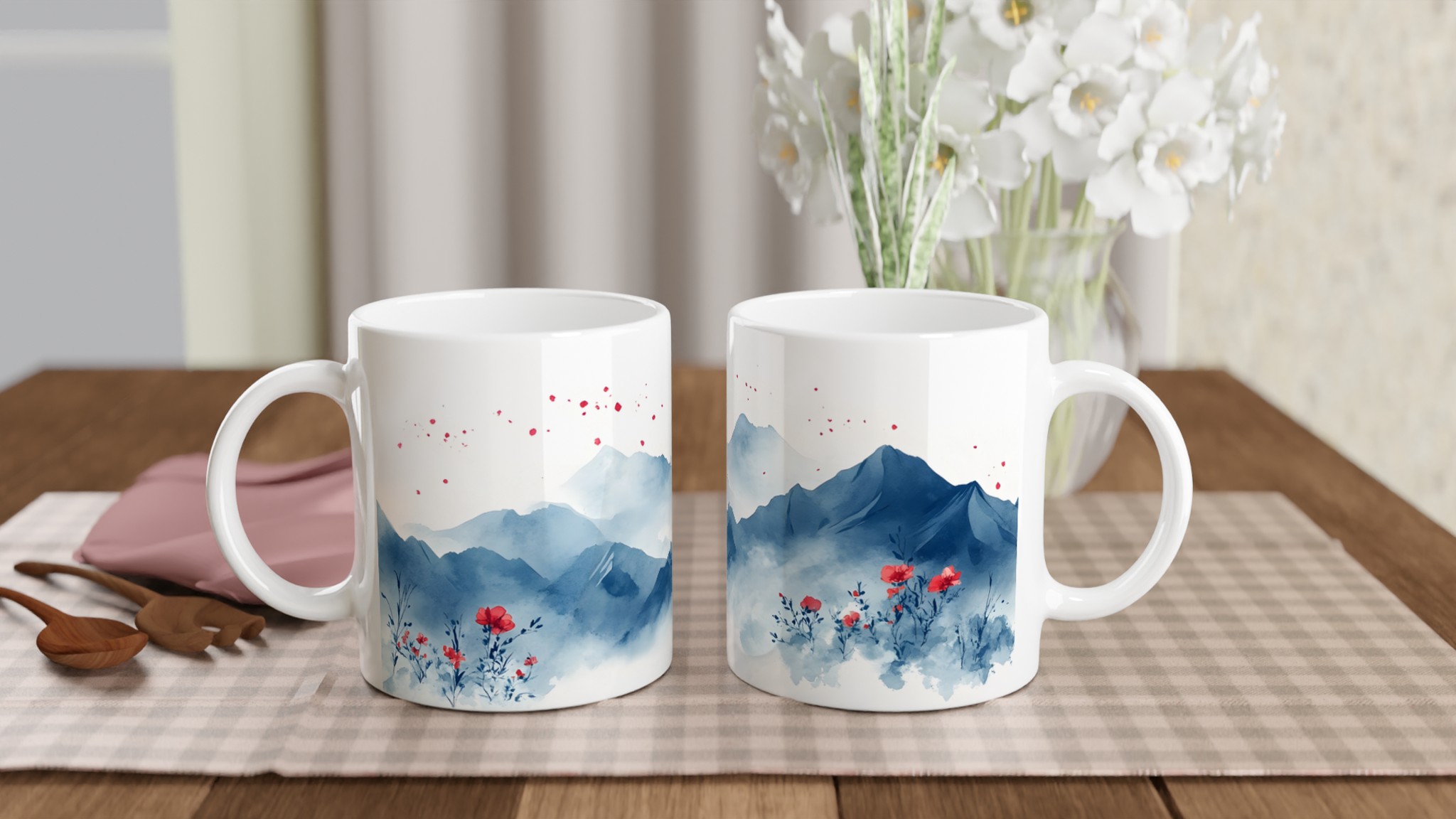 Dimhöljda Berg & Röda Blom – 11oz Keramisk Mugg för Konstälskaren i Sju Färgval 10 68ddb87c-347e-4040-810e-b7d22cef0464
