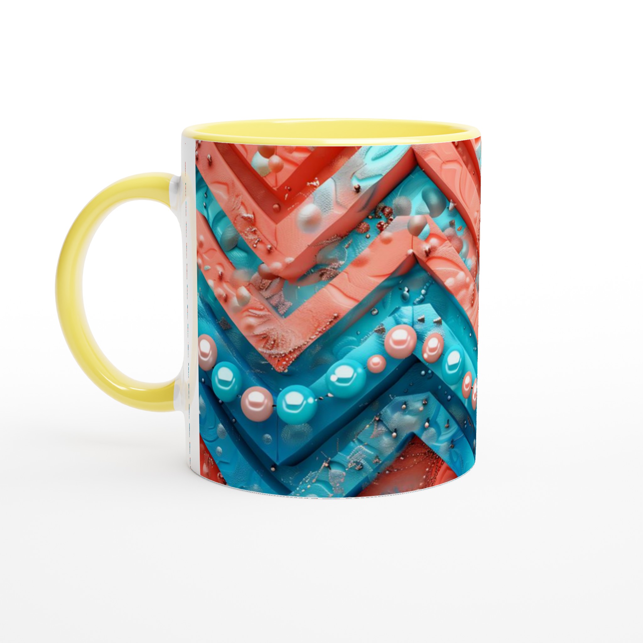 Vit 11oz keramisk mugg med livfullt abstrakt mönster i blått och korall – välj din favoritfärg 3 69411c4a-47db-4b16-a105-3227f8a0c979