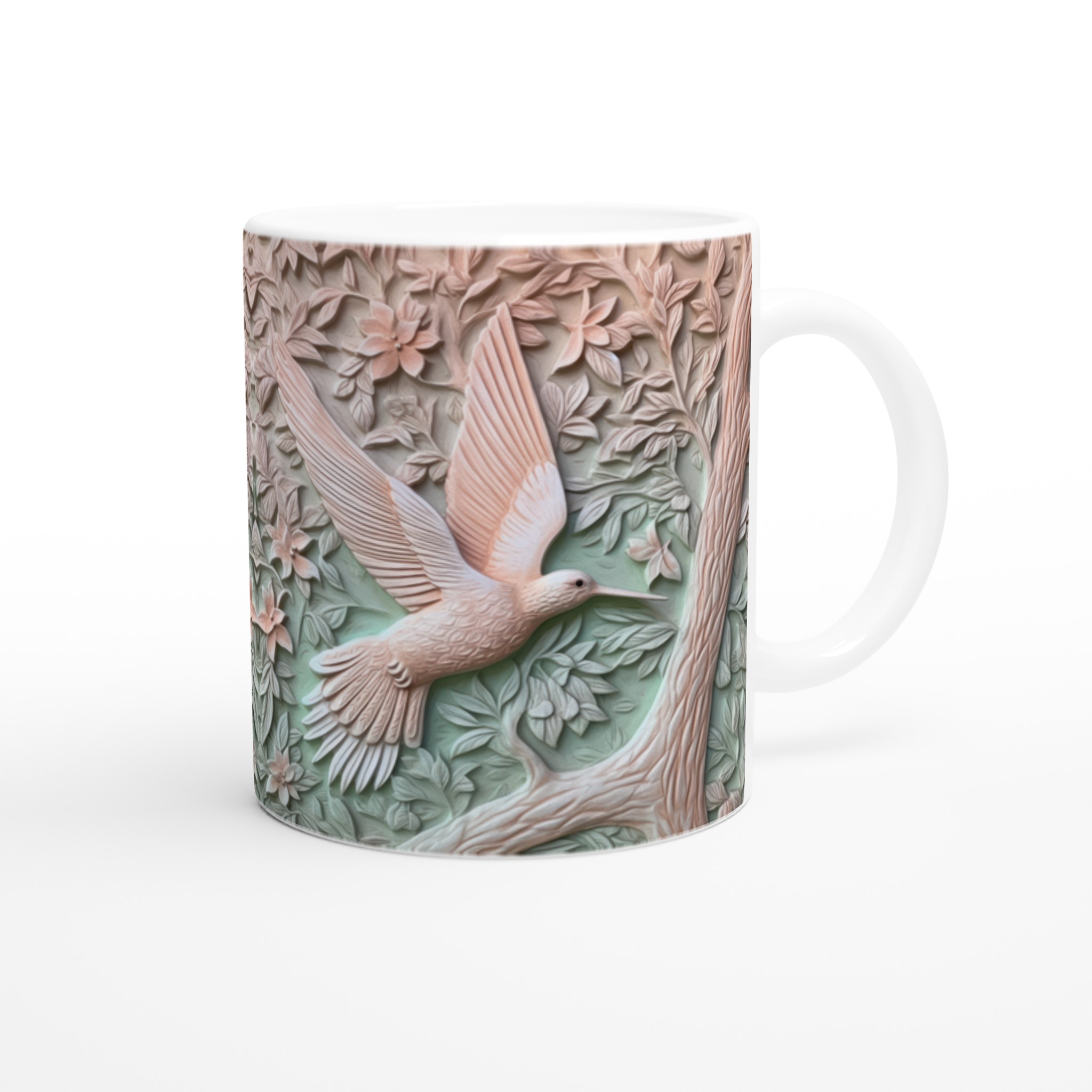 Vit 11oz keramisk mugg med elegant kolibri- och blommönster i mjuka pastellnyanser 9 695fd6b2-ca12-413b-ab47-9ec52b013e7c