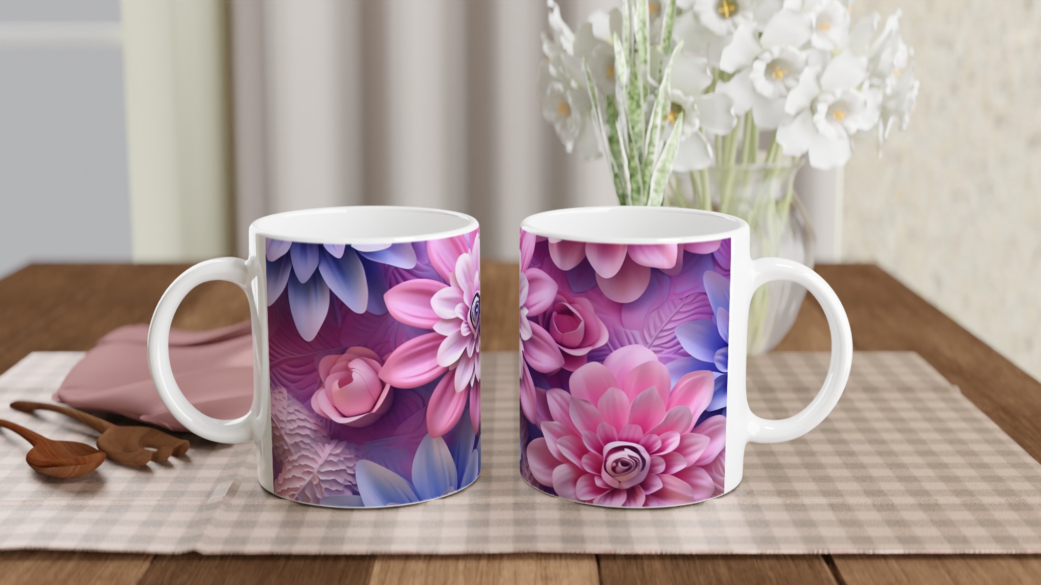 Vit 11oz keramisk mugg med blomstrande pastellmotiv i sju färgstarka nyanser 10 696024ab-6144-45f5-868d-deaef48e2780