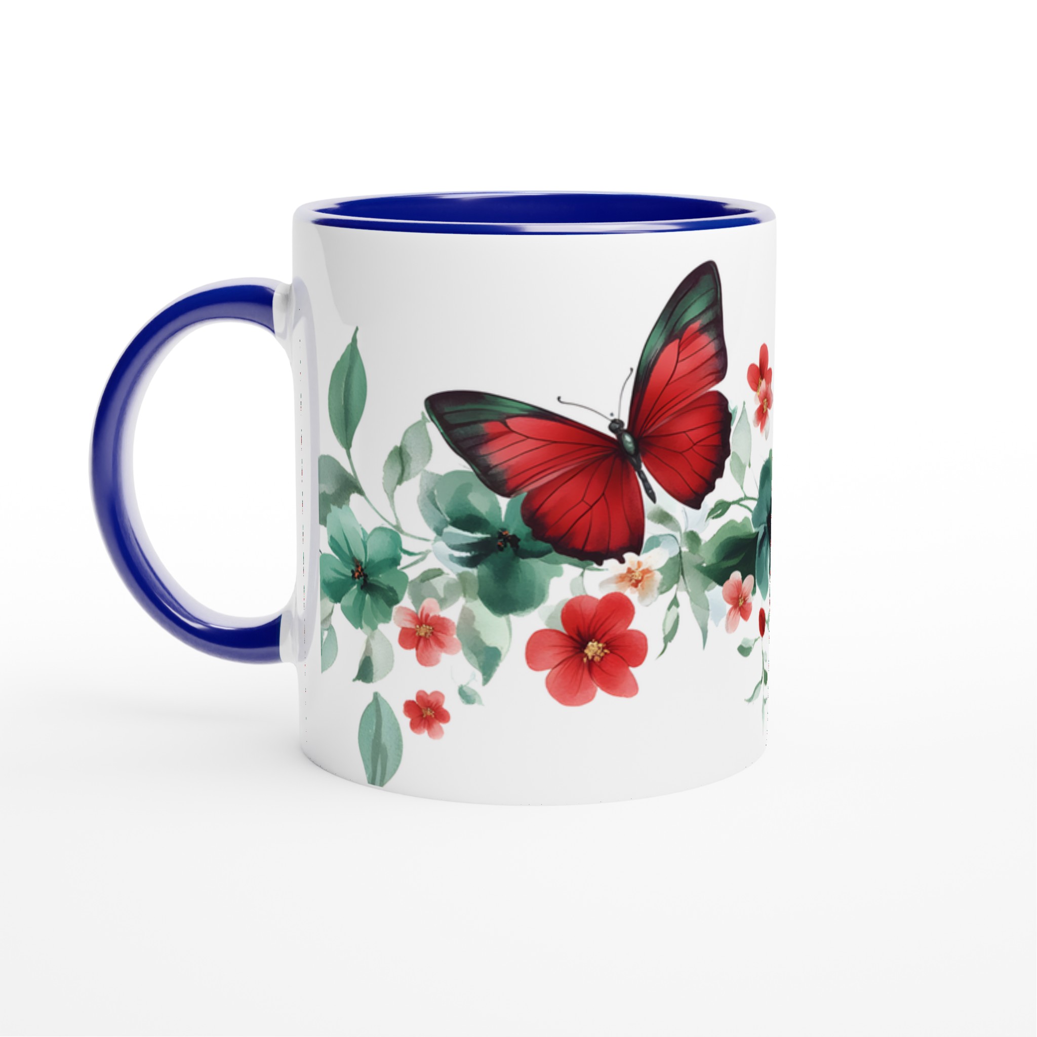 Fjärilsdröm 11oz Keramisk Mugg – Akvarellblommor & Röda Fjärilar i Valfri Färg 2 6979a05f-a1ba-4439-81c1-df58e210e60a