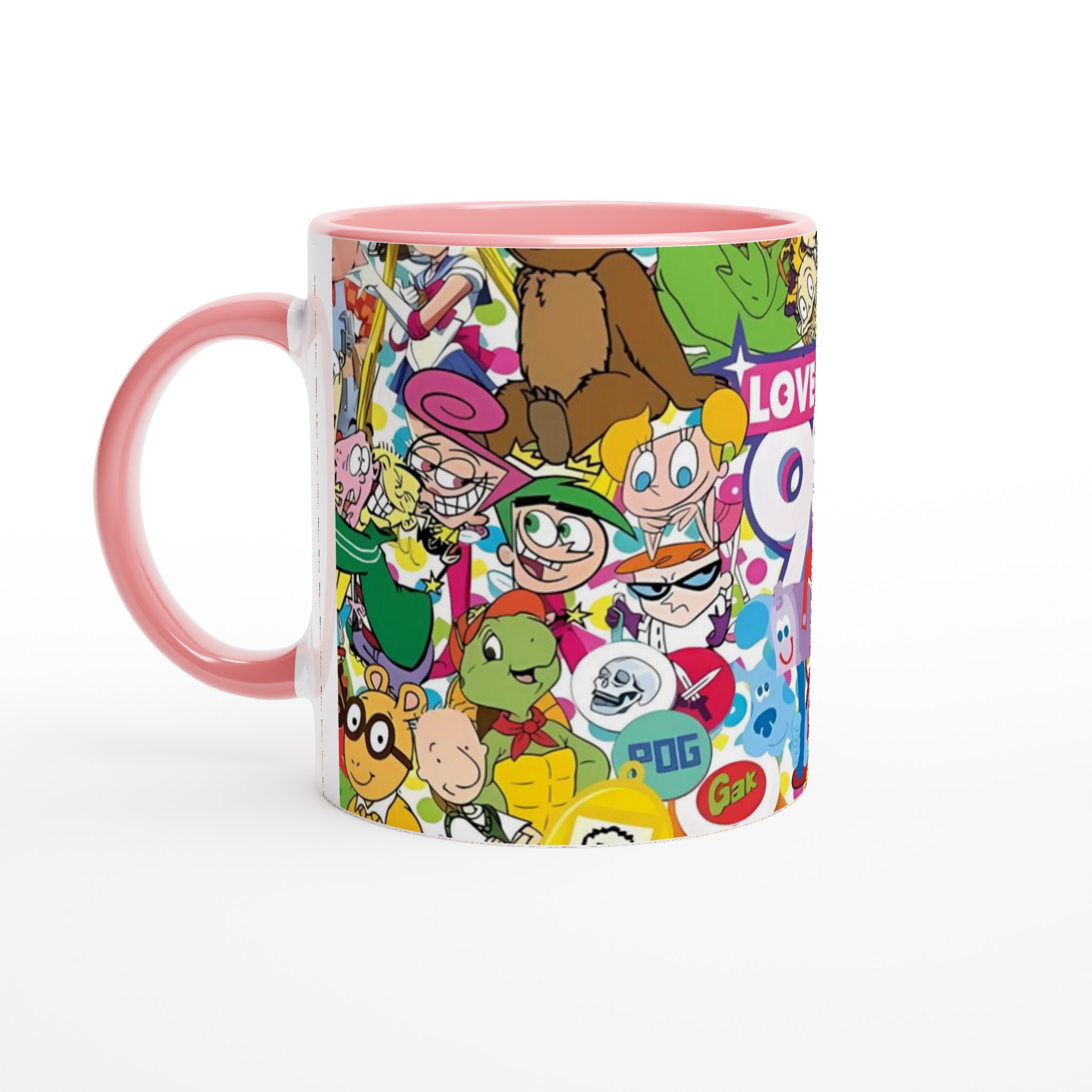 Vit 11oz keramisk mugg med livfulla 90-talsnostalgiska karaktärer i ditt val av färger 6 69b81116-37a6-4750-a089-a96c7bcbcc39
